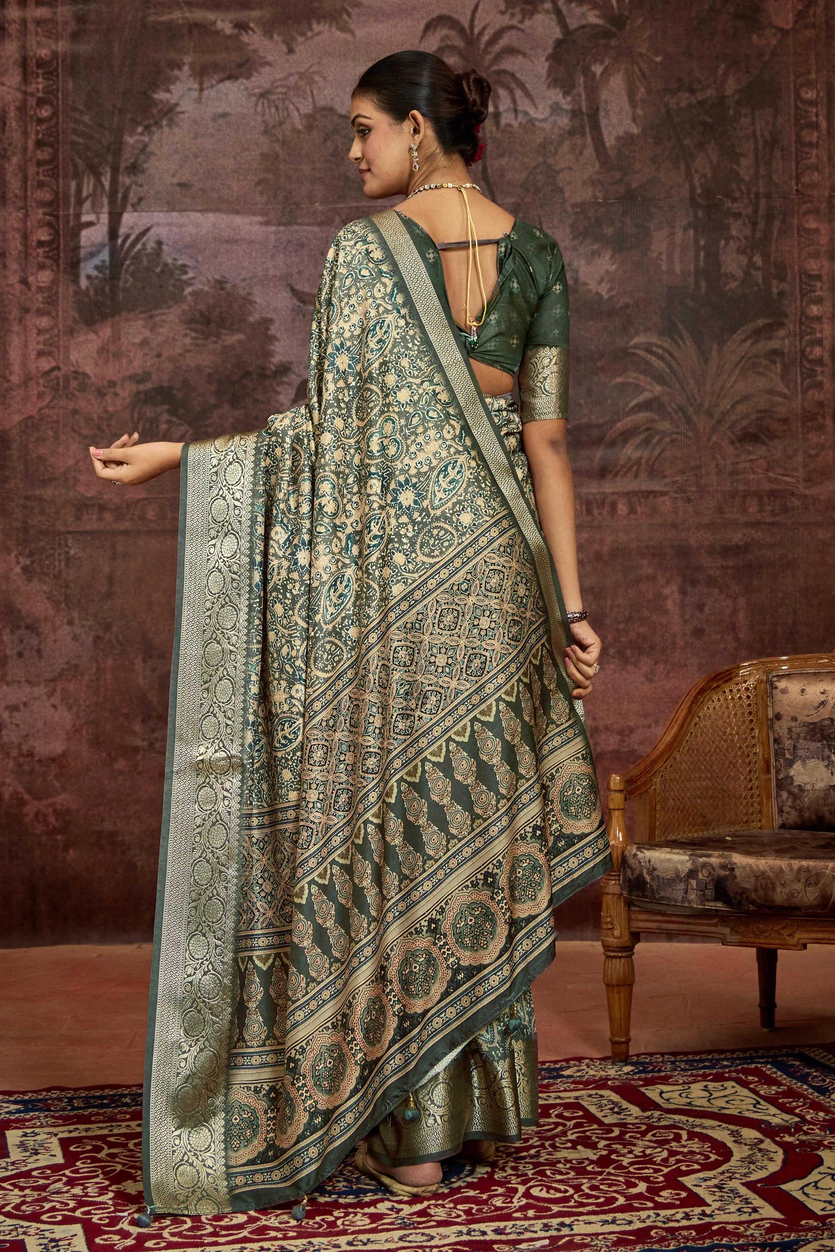 Green Velvet Tusser Silk  Ajrakh Saree