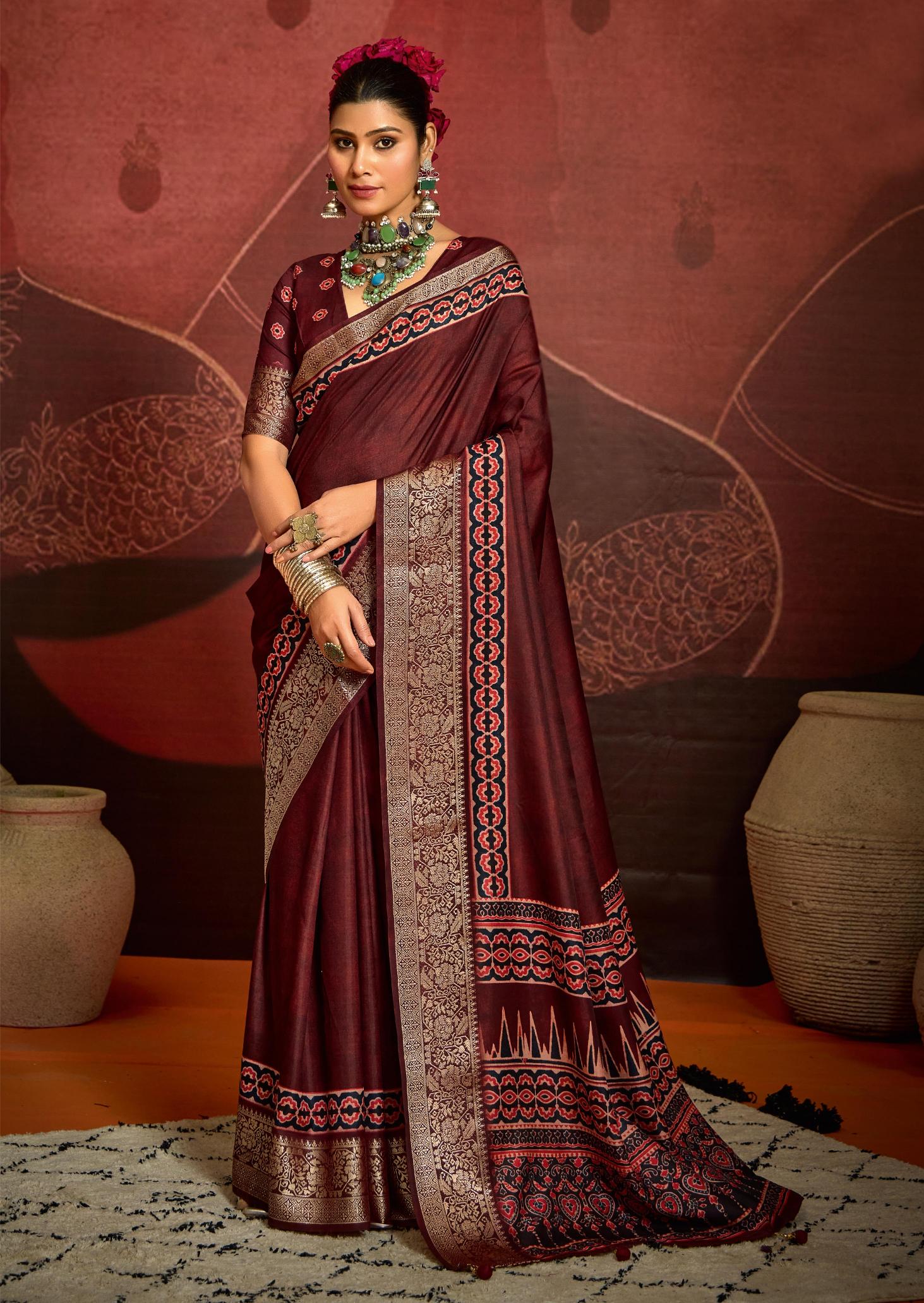 Maroon Velvet Tusser Silk  Ajrakh Saree-INRA2003