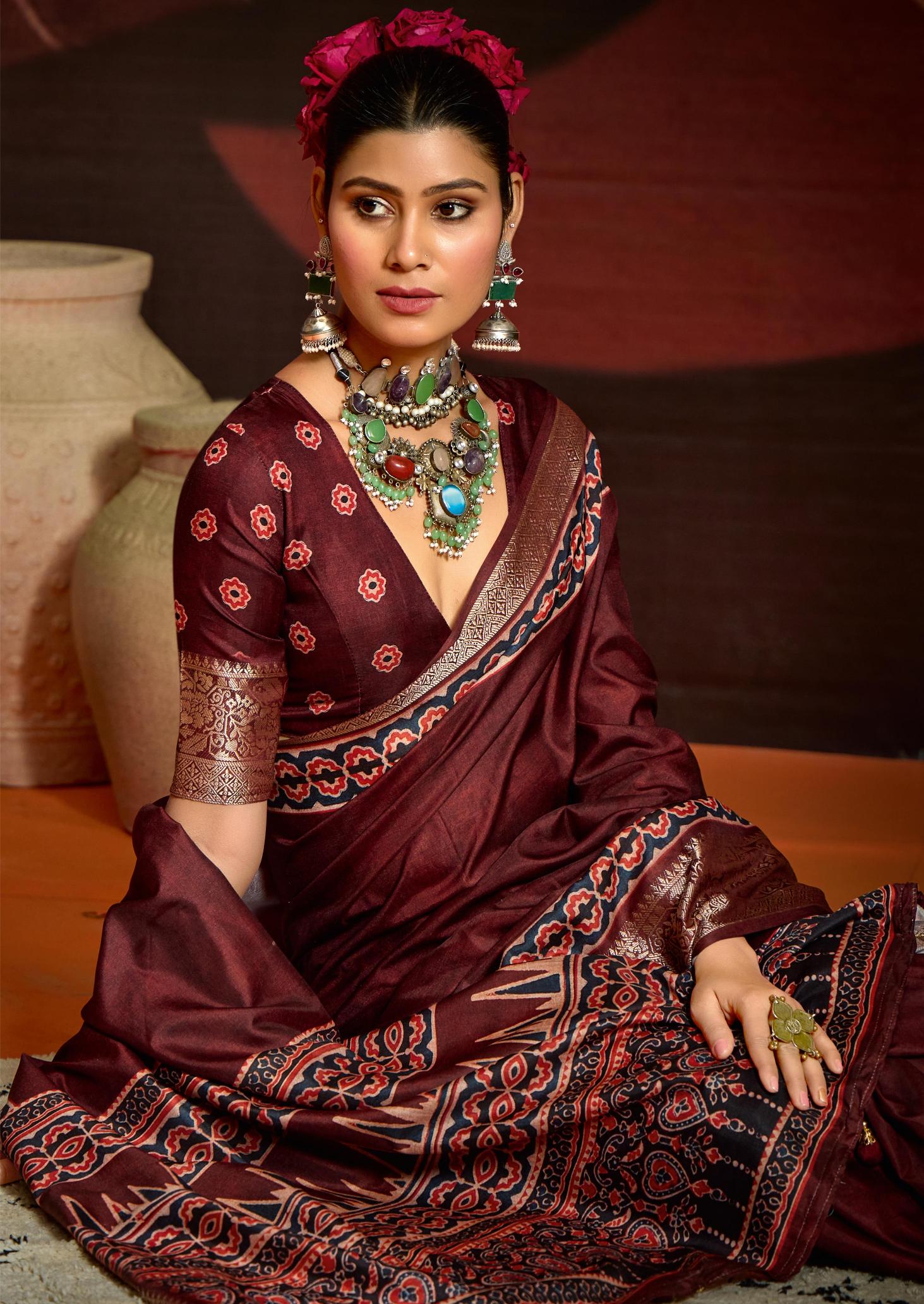 Maroon Velvet Tusser Silk  Ajrakh Saree