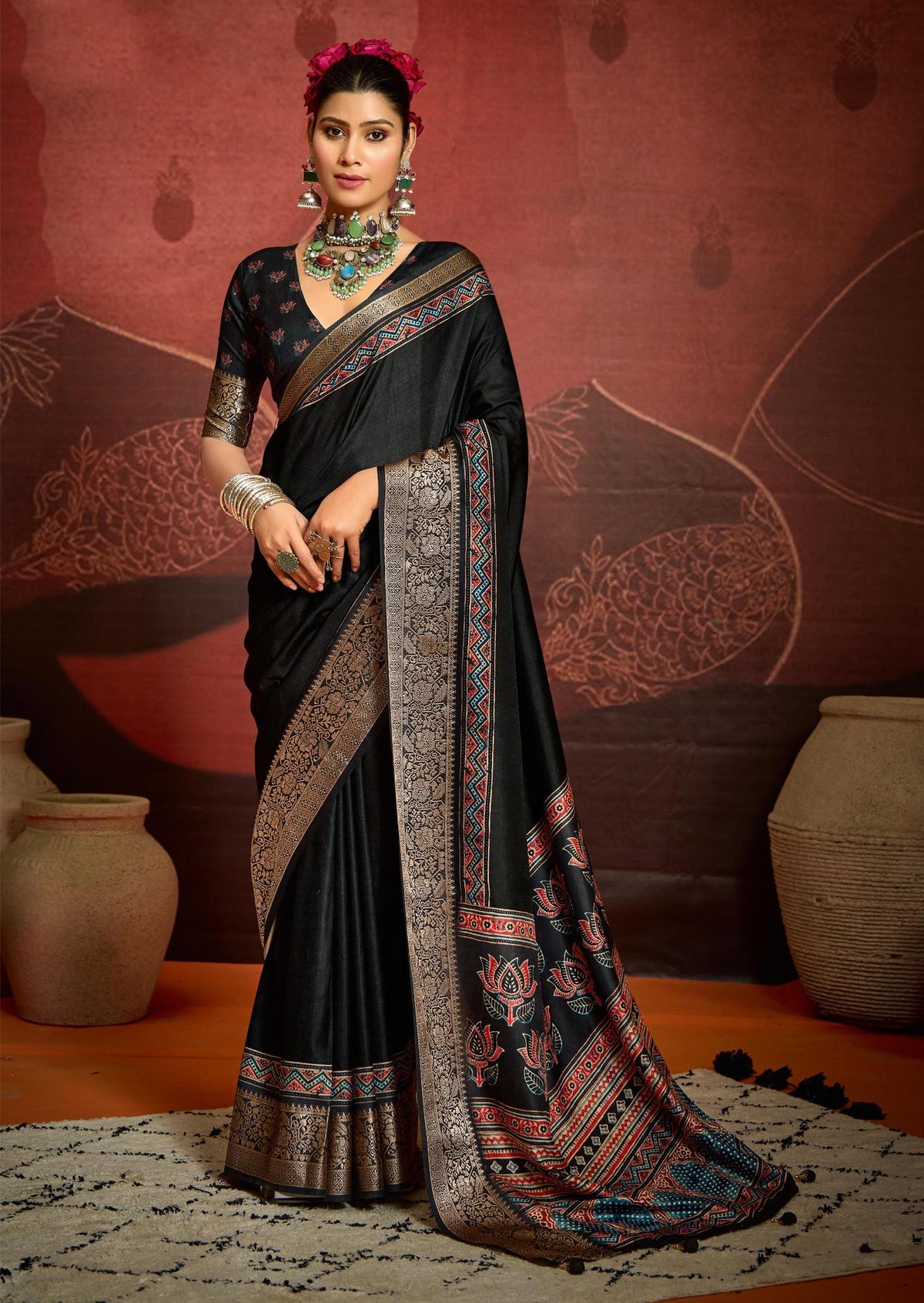 Black Velvet Tusser Silk  Ajrakh Saree-INRA2004