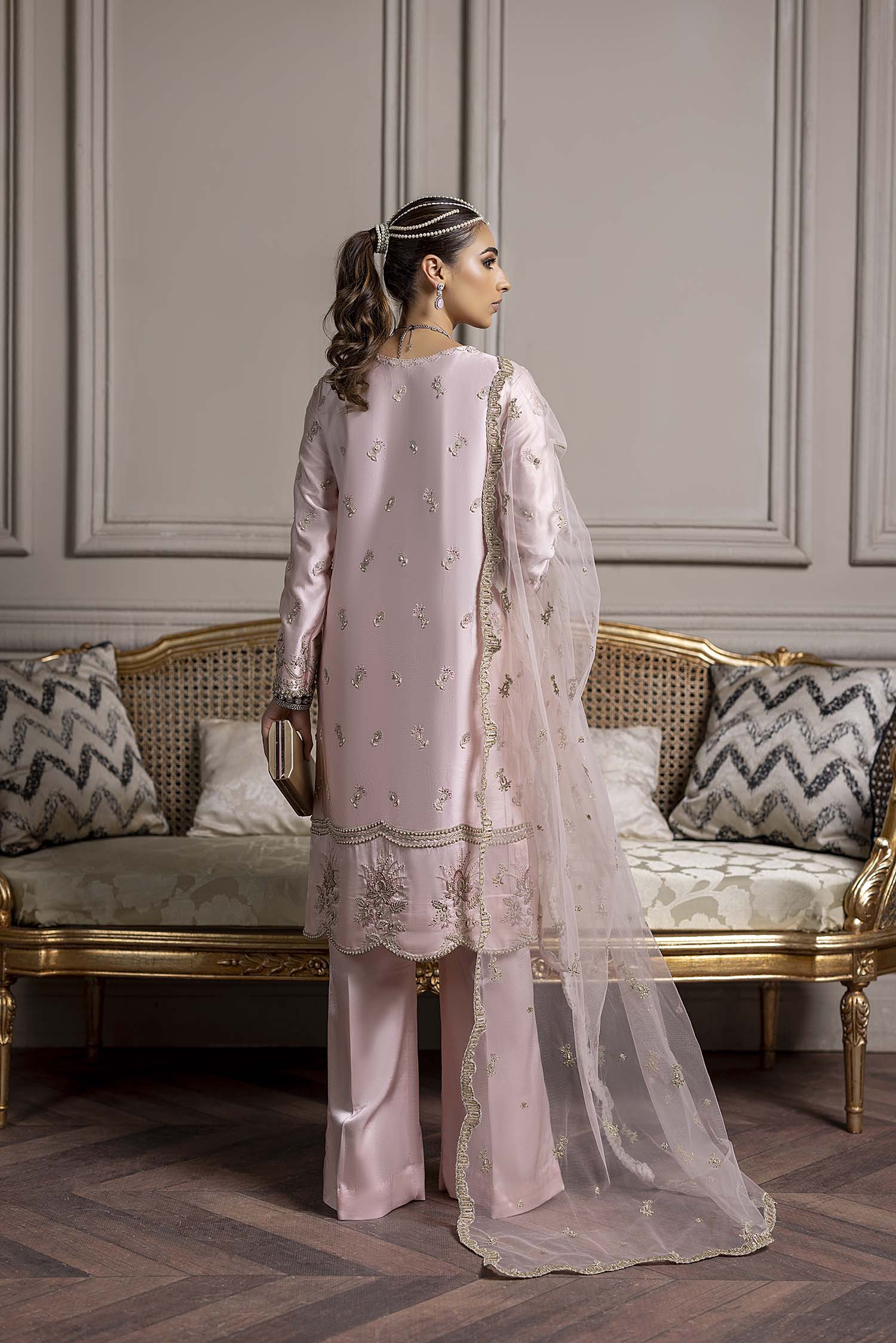 Baby Pink Indian Traditional Silk Embelished Salwar Suit With Pant and Net Dupatta