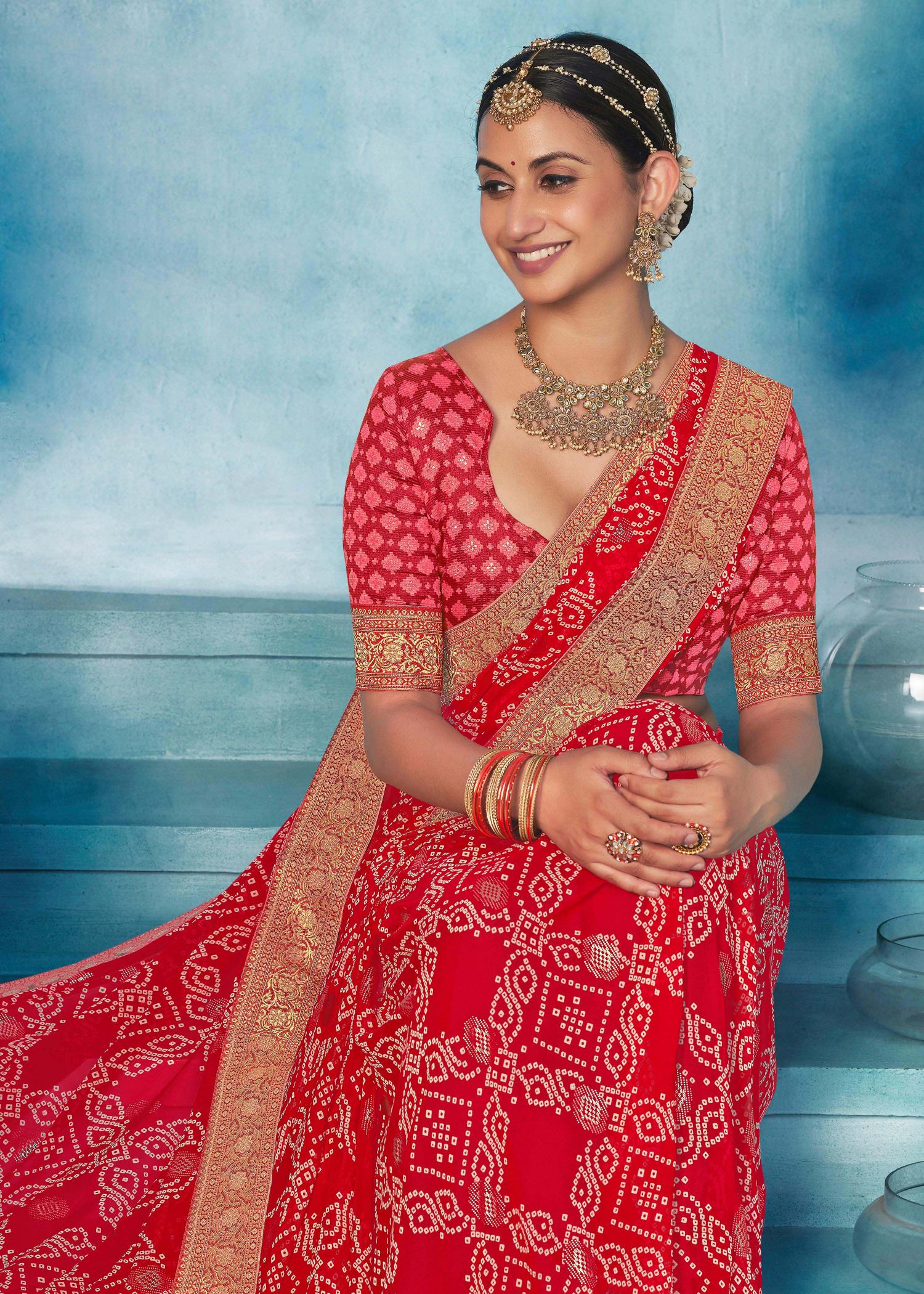 Red Weightless Bandhani Print Saree