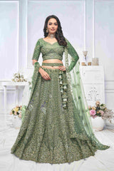 Lehenga Choli à motif paon brodé en filet doux vert