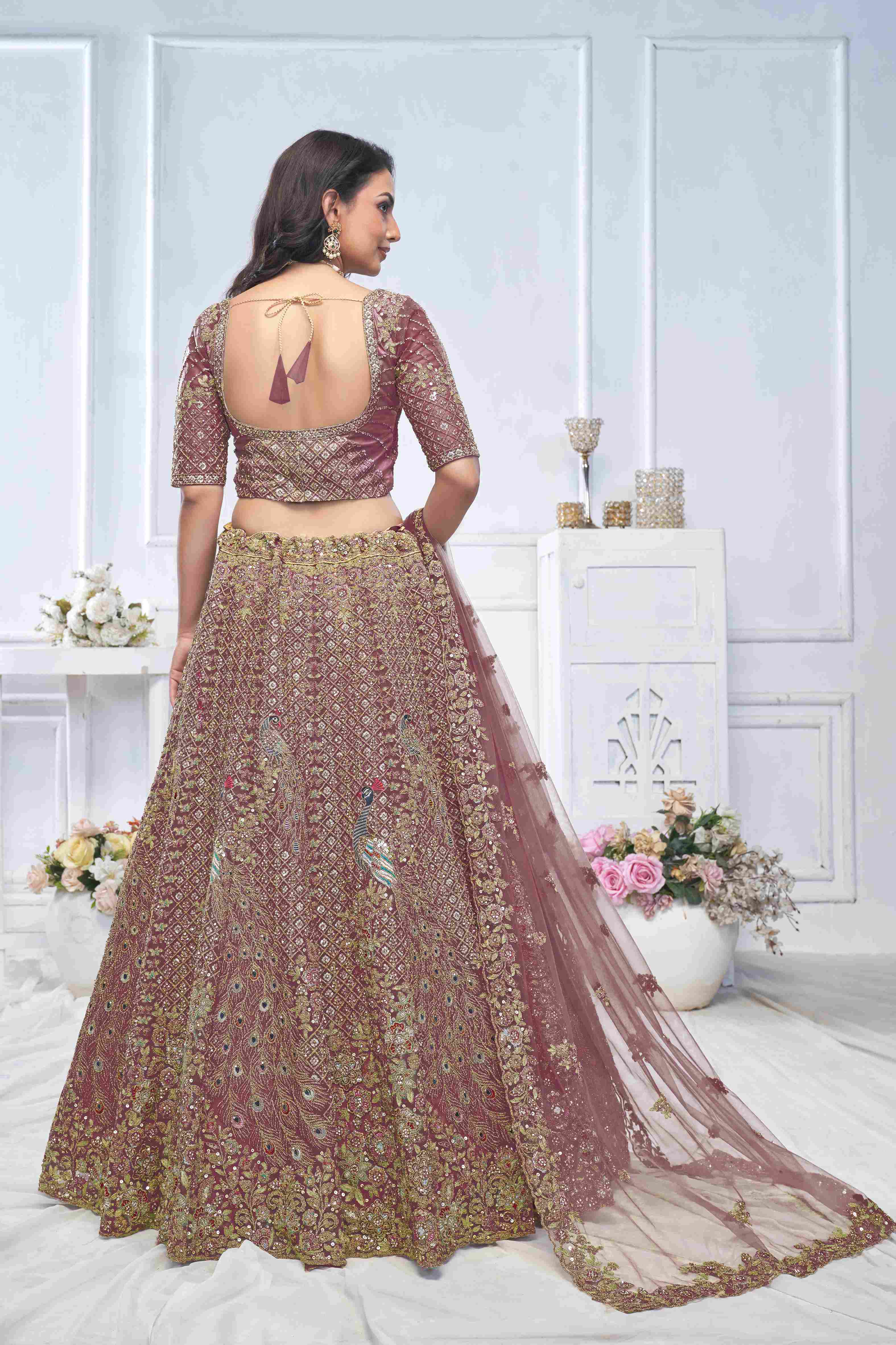 Dark Purple Soft Net Embroidered Sequins Peacock Motif Lehenga Choli