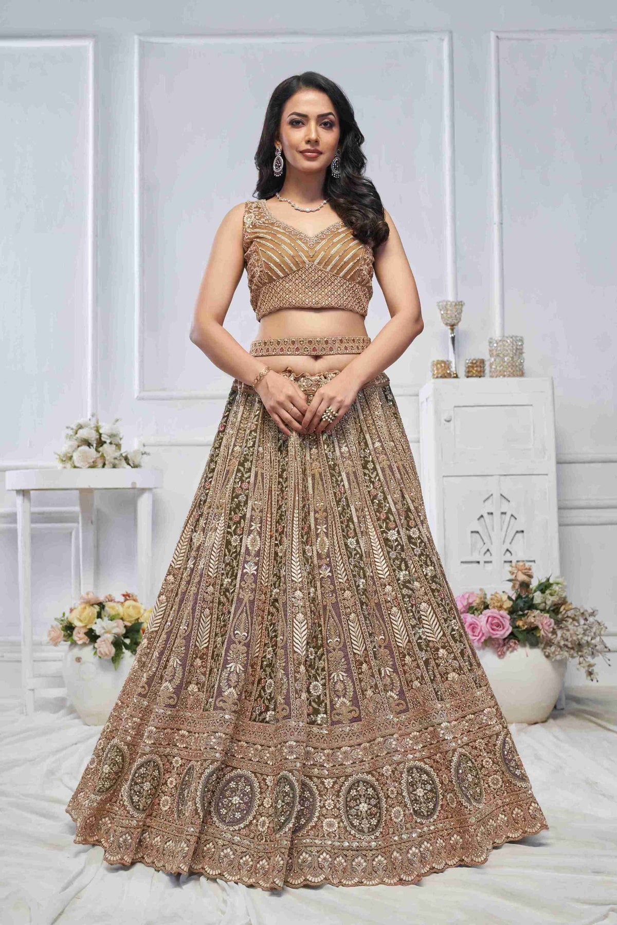 Brown Green Soft Net Embroidered Lehenga Choli