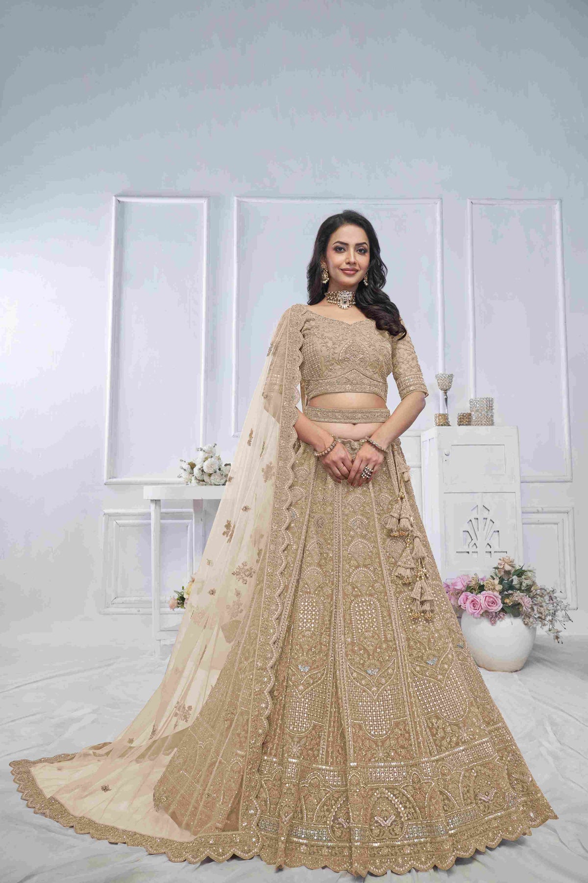 Golden Soft Net Embroidered Lehenga Choli