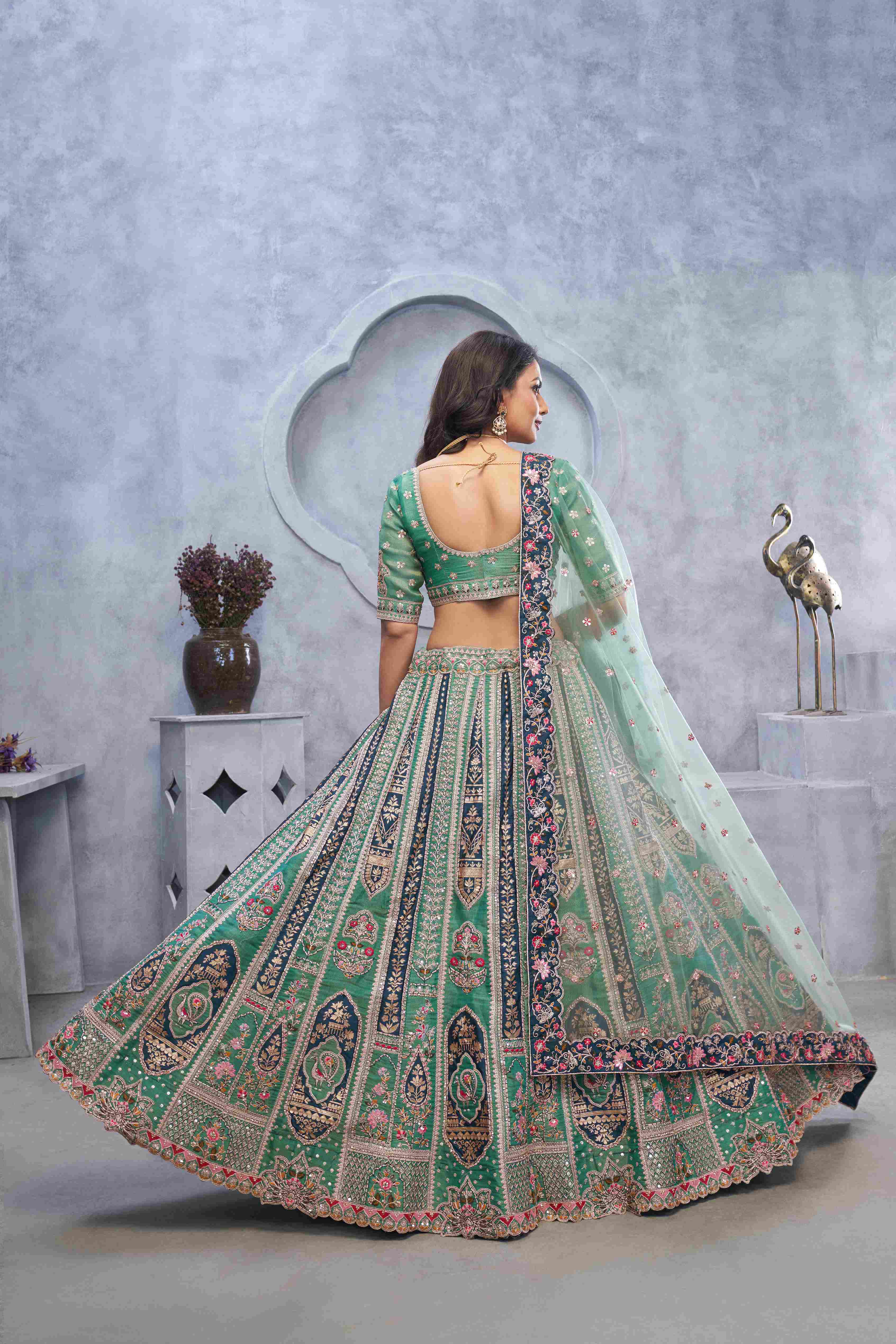 Green Organza Silk  Embroidered Lehenga Choli