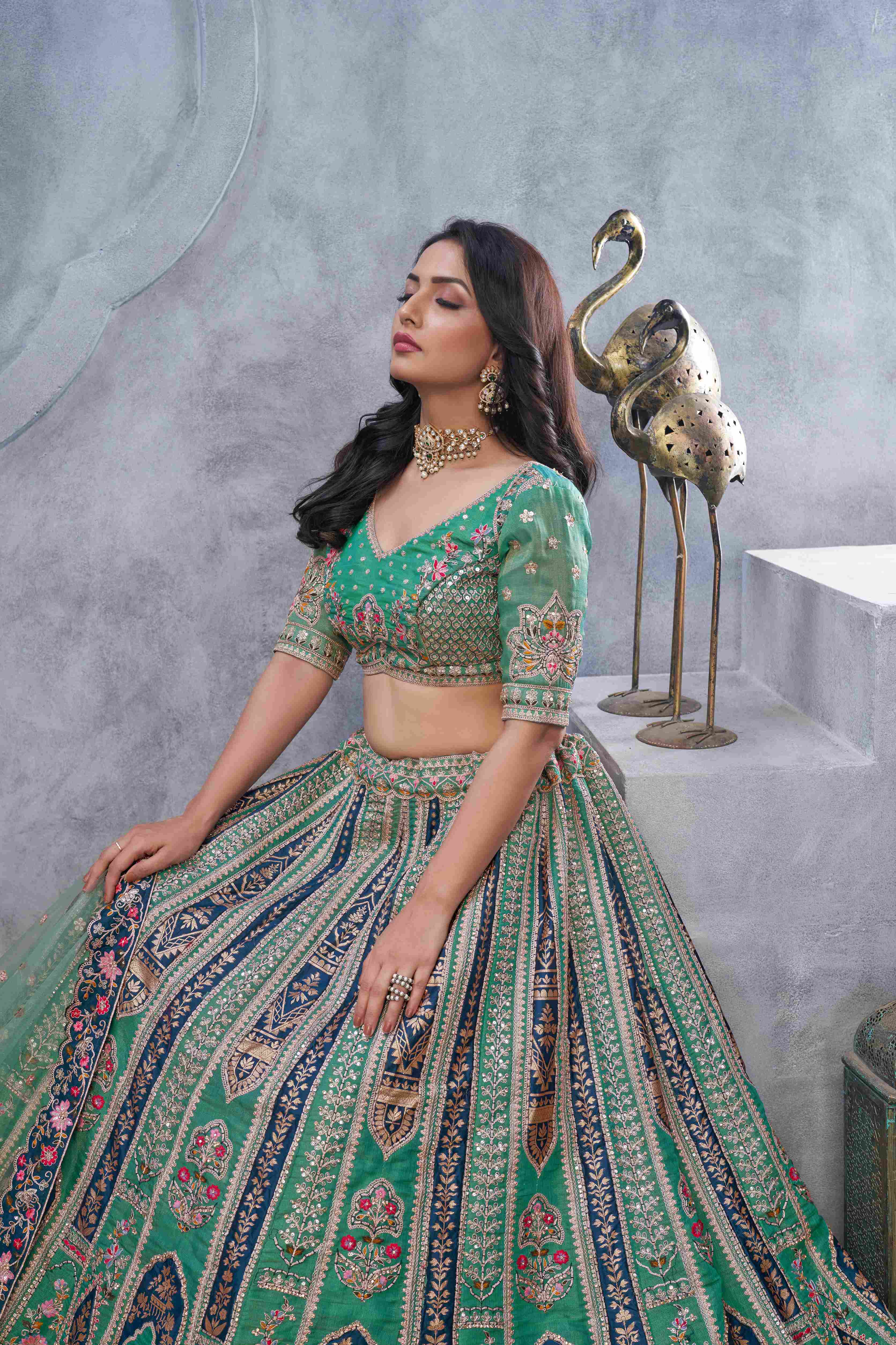 Green Organza Silk  Embroidered Lehenga Choli