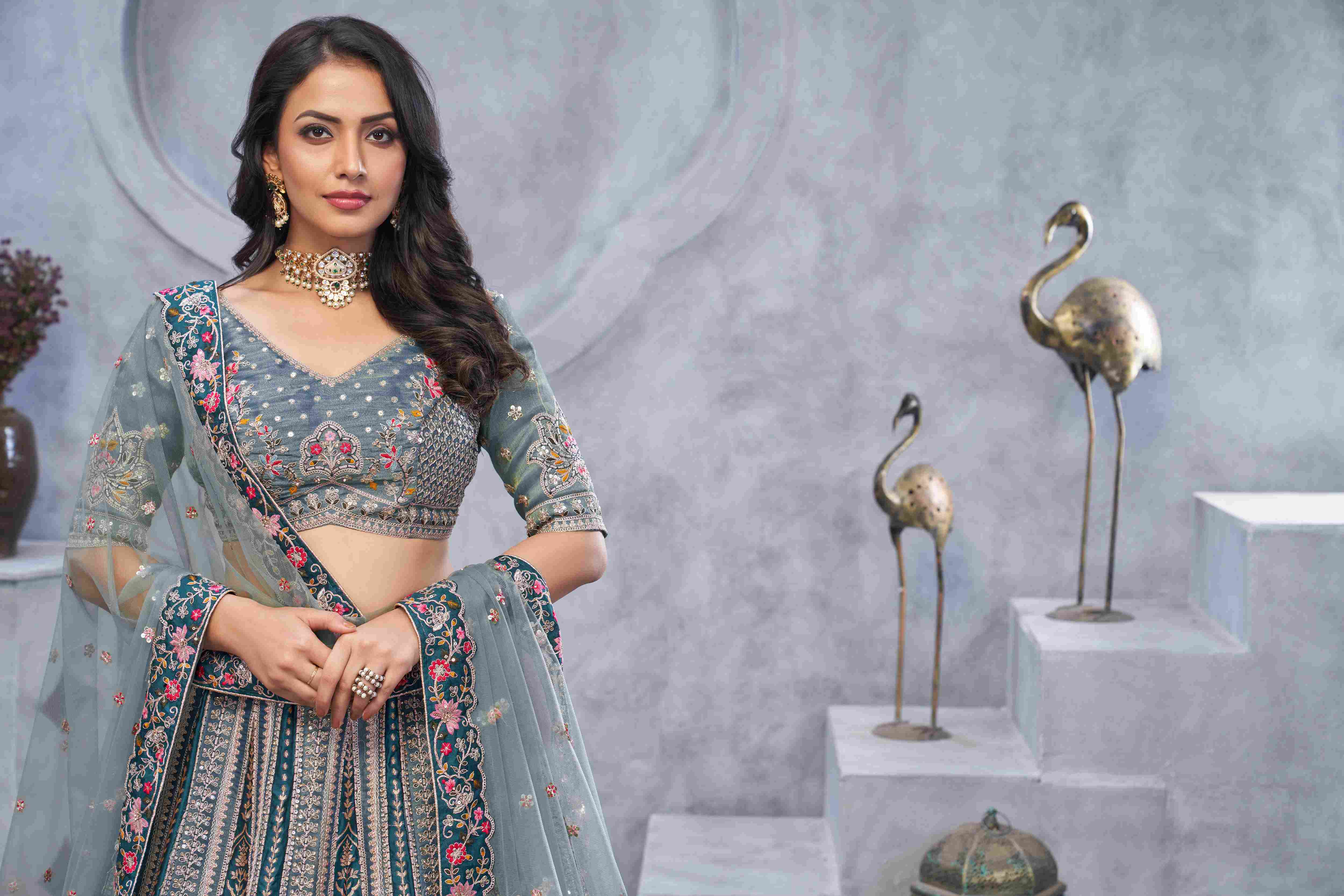 Grey Organza Silk  Embroidered Lehenga Choli