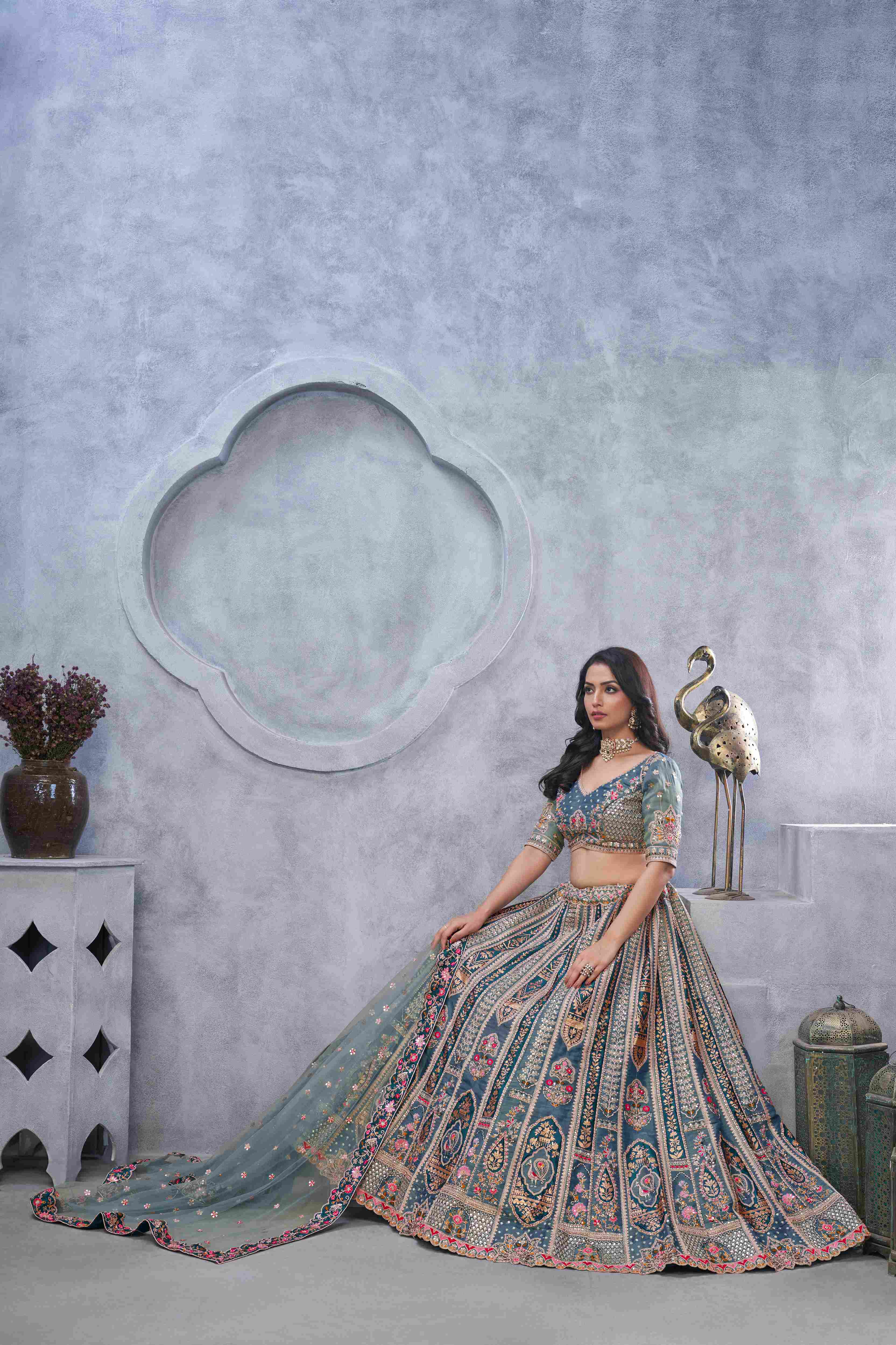 Grey Organza Silk  Embroidered Lehenga Choli