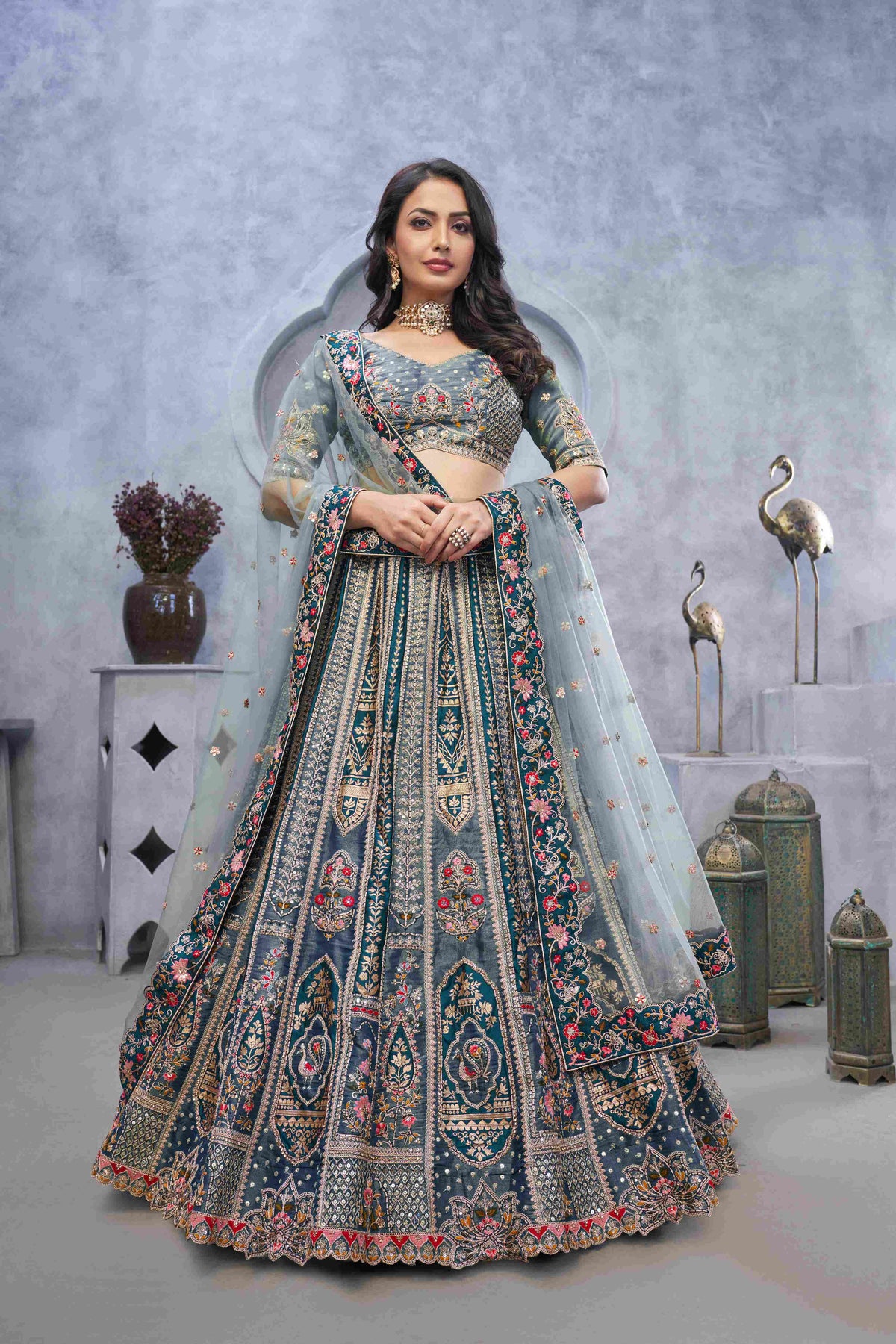 Grey Organza Silk  Embroidered Lehenga Choli