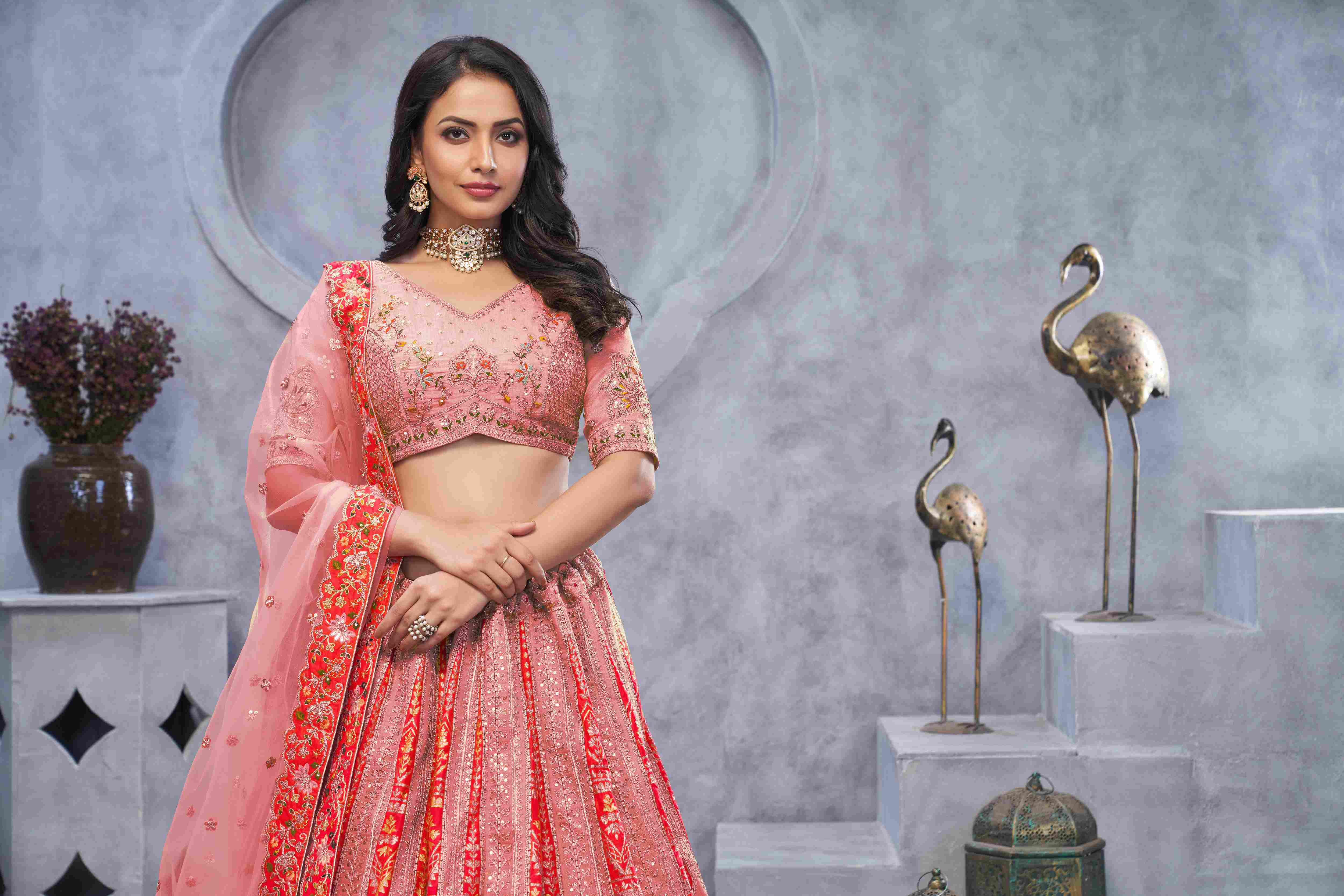 Pink Organza Silk  Embroidered Lehenga Choli