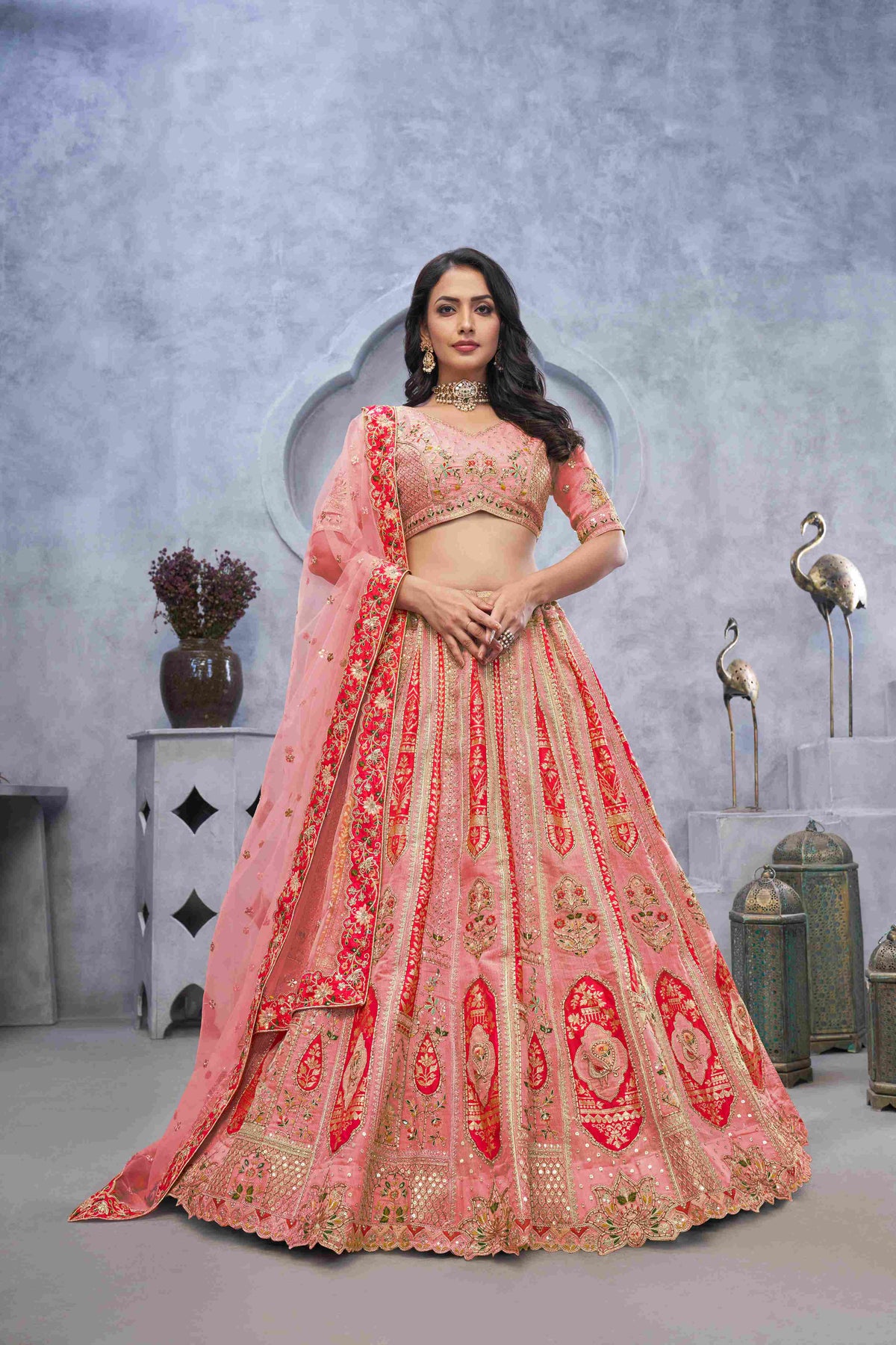 Pink Organza Silk  Embroidered Lehenga Choli