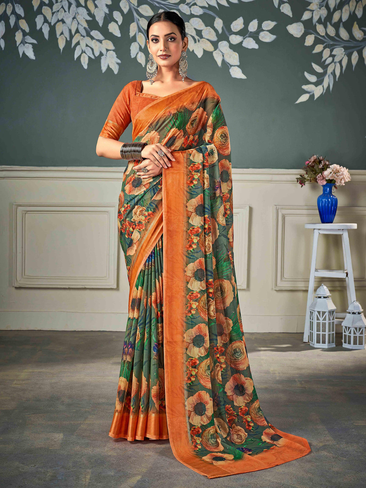 Olive Green Nylon Chiffon Golden Chiffon Saree-KRIT1001
