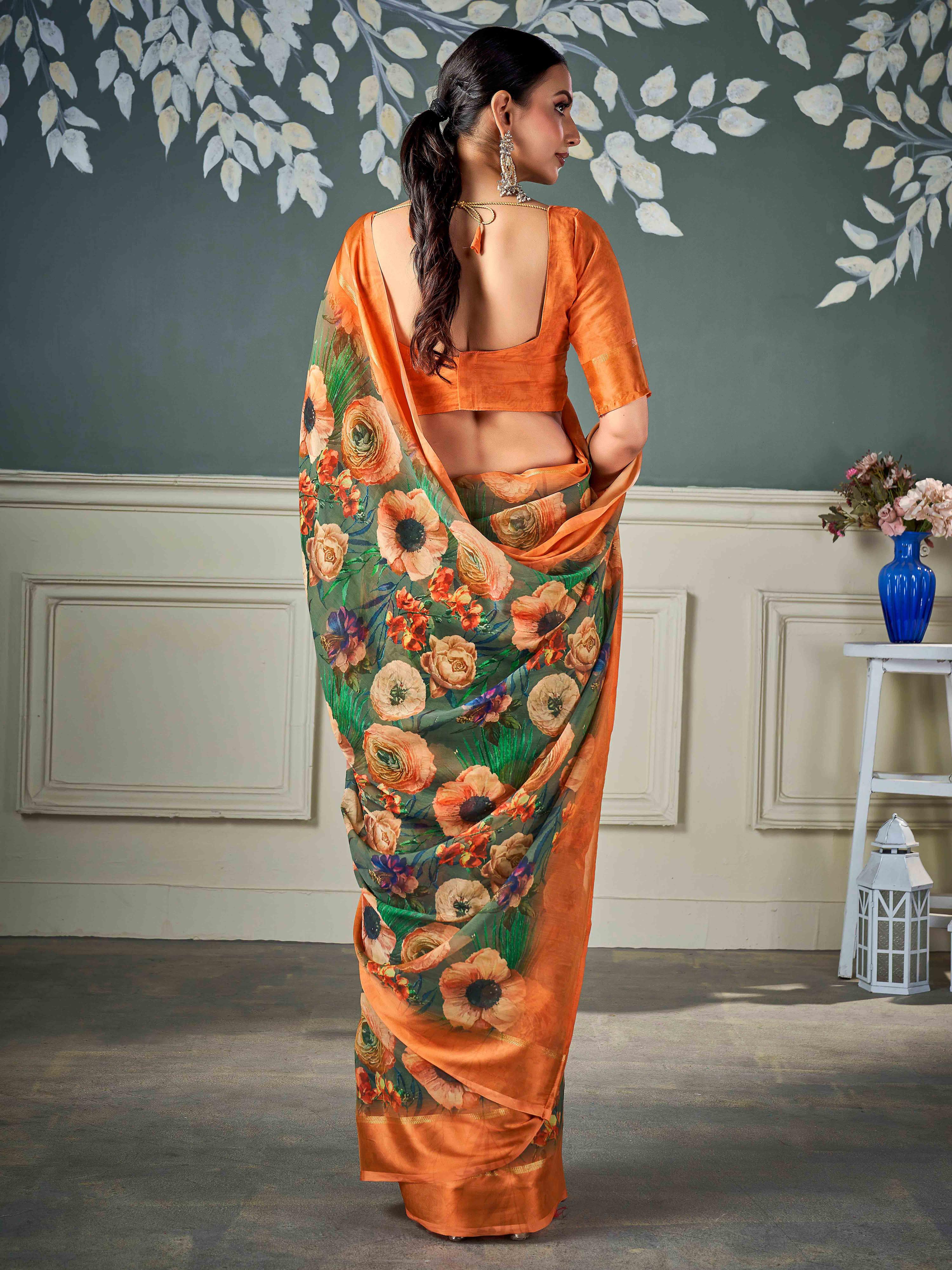 Olive Green Nylon Chiffon Golden Saree