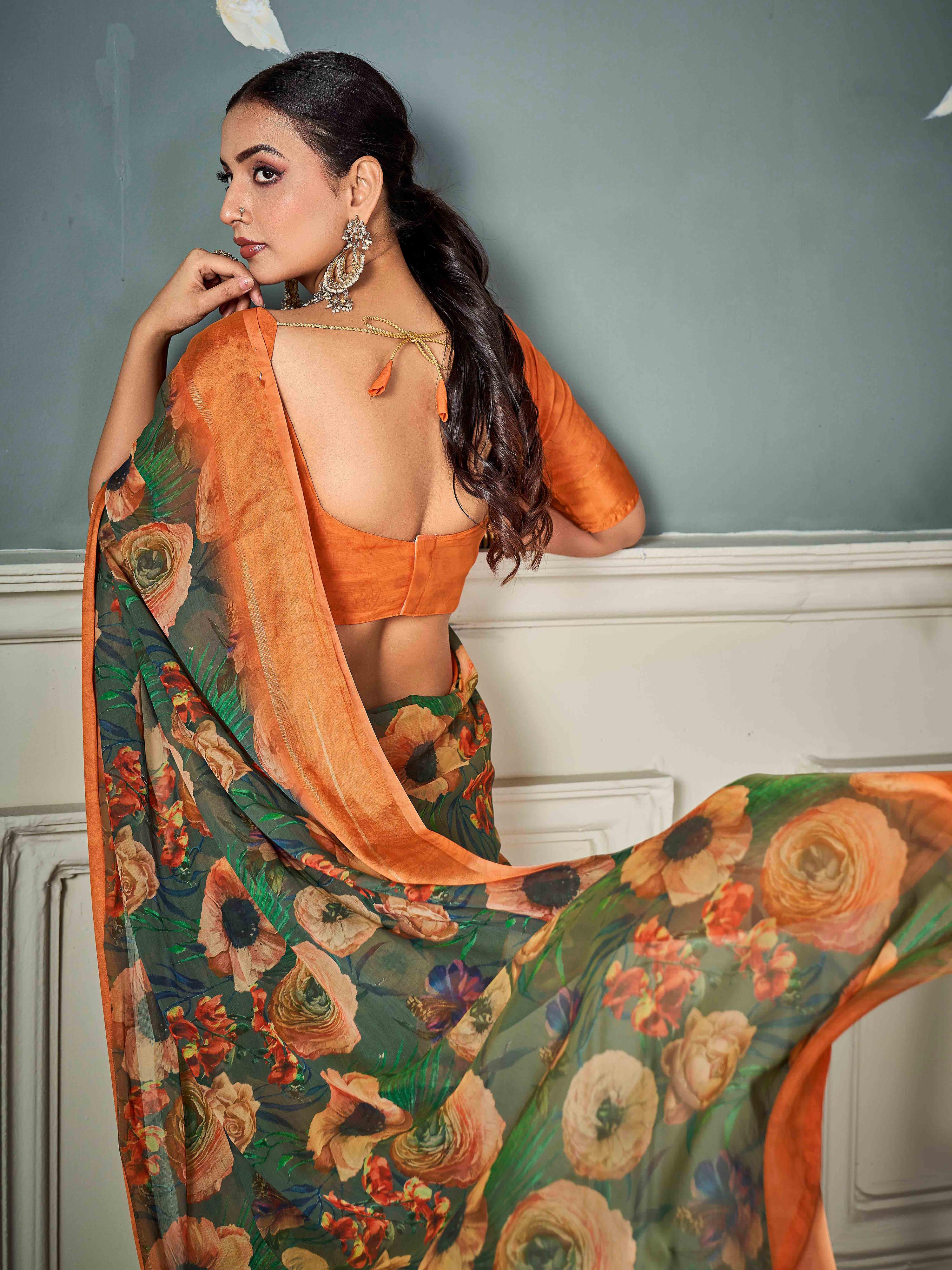Olive Green Nylon Chiffon Golden Saree