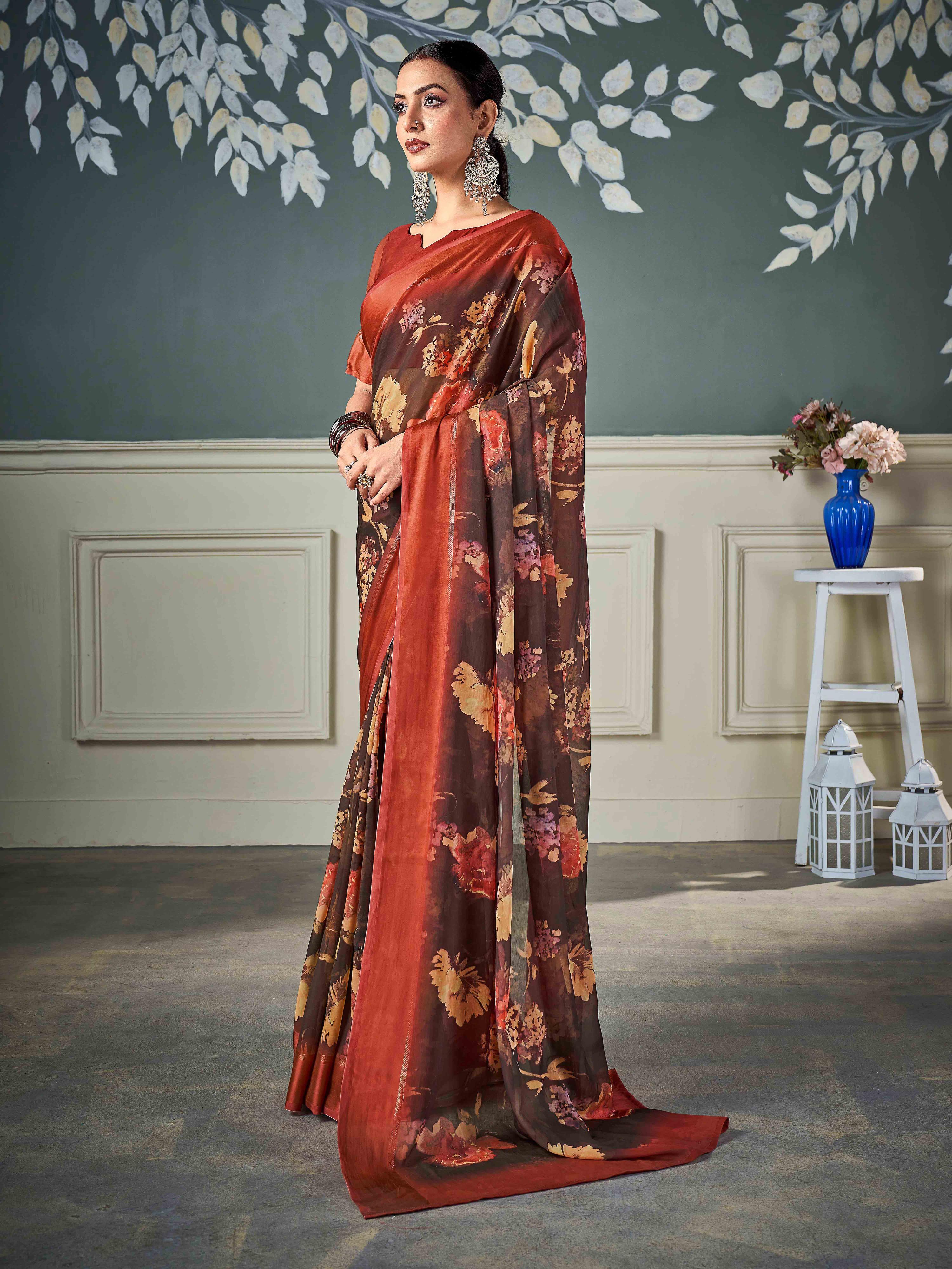 Brown Nylon Chiffon Golden Saree