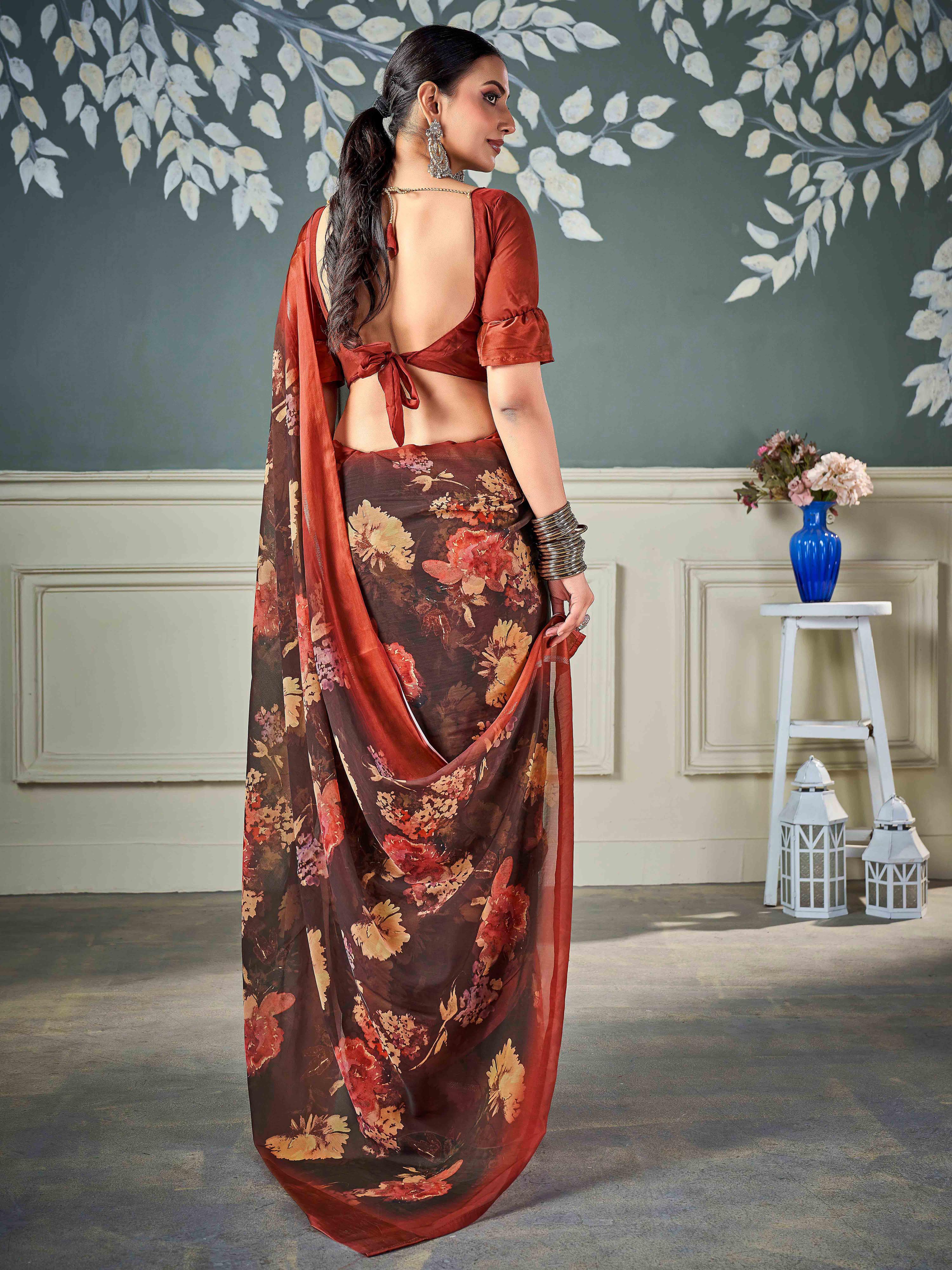 Brown Nylon Chiffon Golden Saree