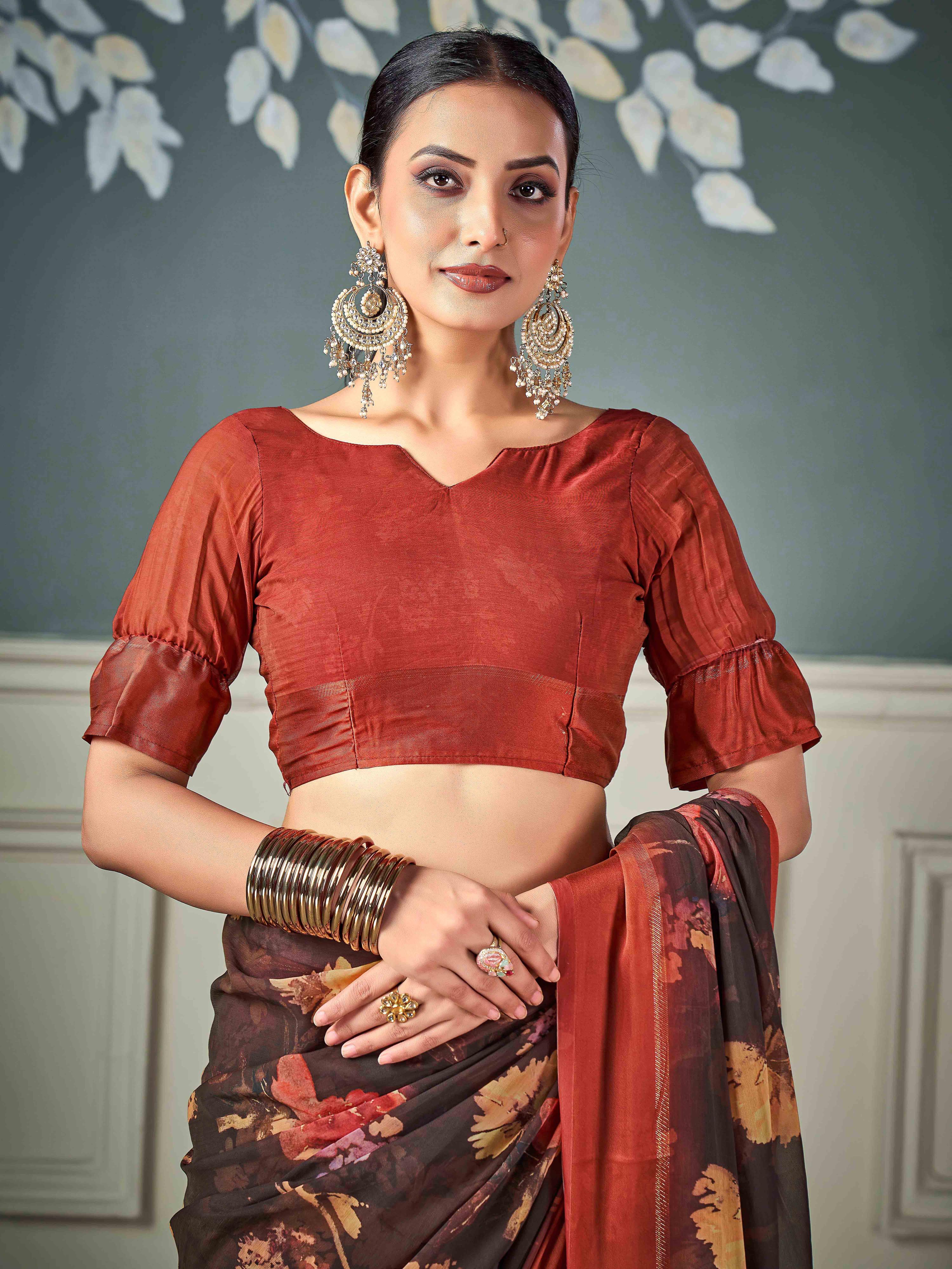 Brown Nylon Chiffon Golden Saree