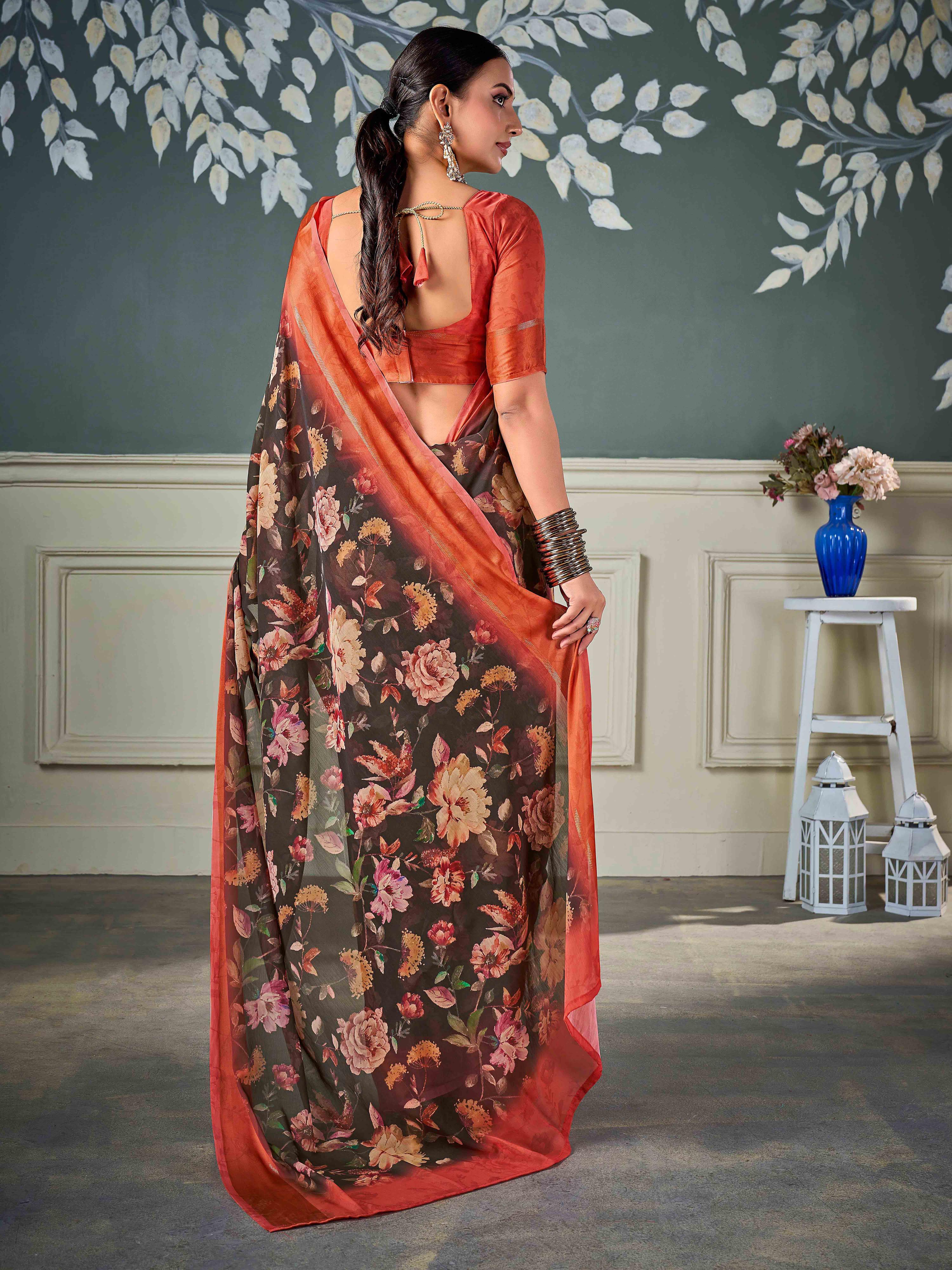 Brown Nylon Chiffon Golden Saree