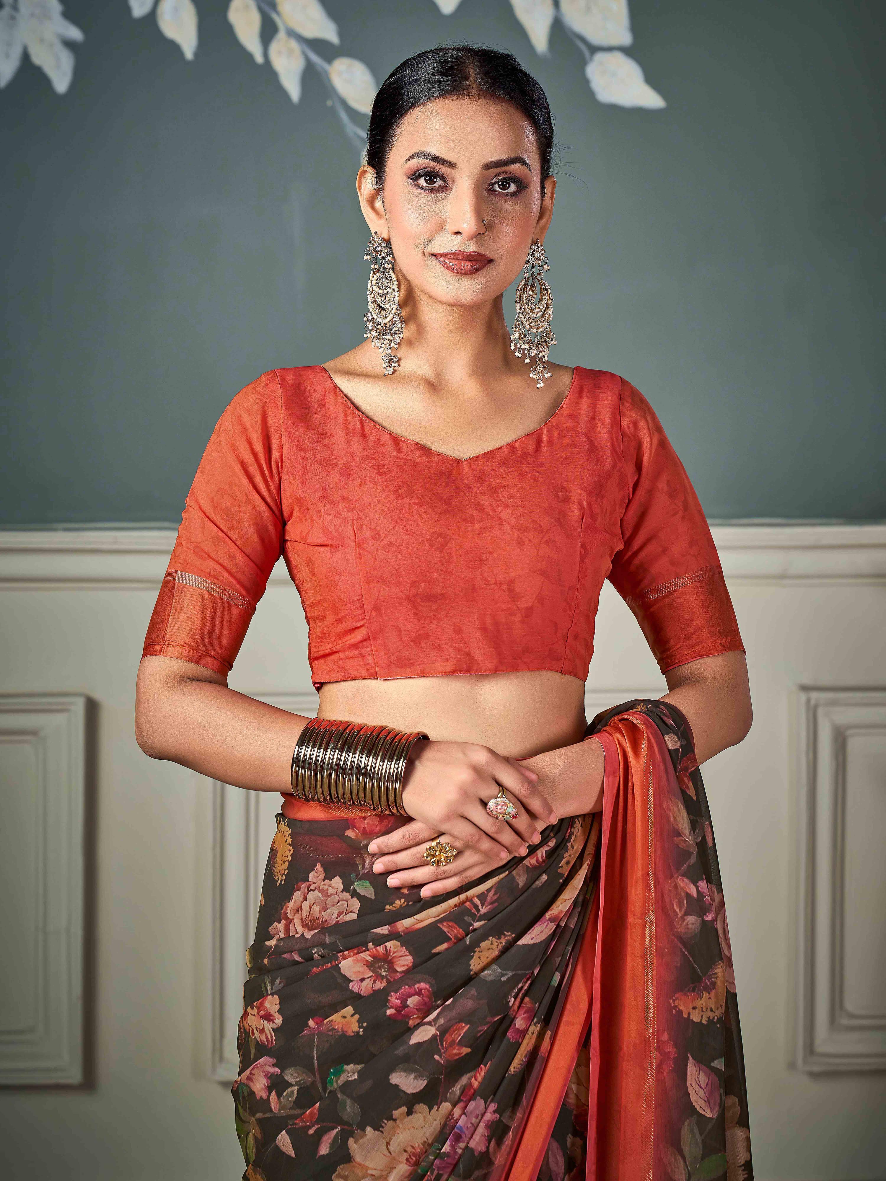 Brown Nylon Chiffon Golden Saree