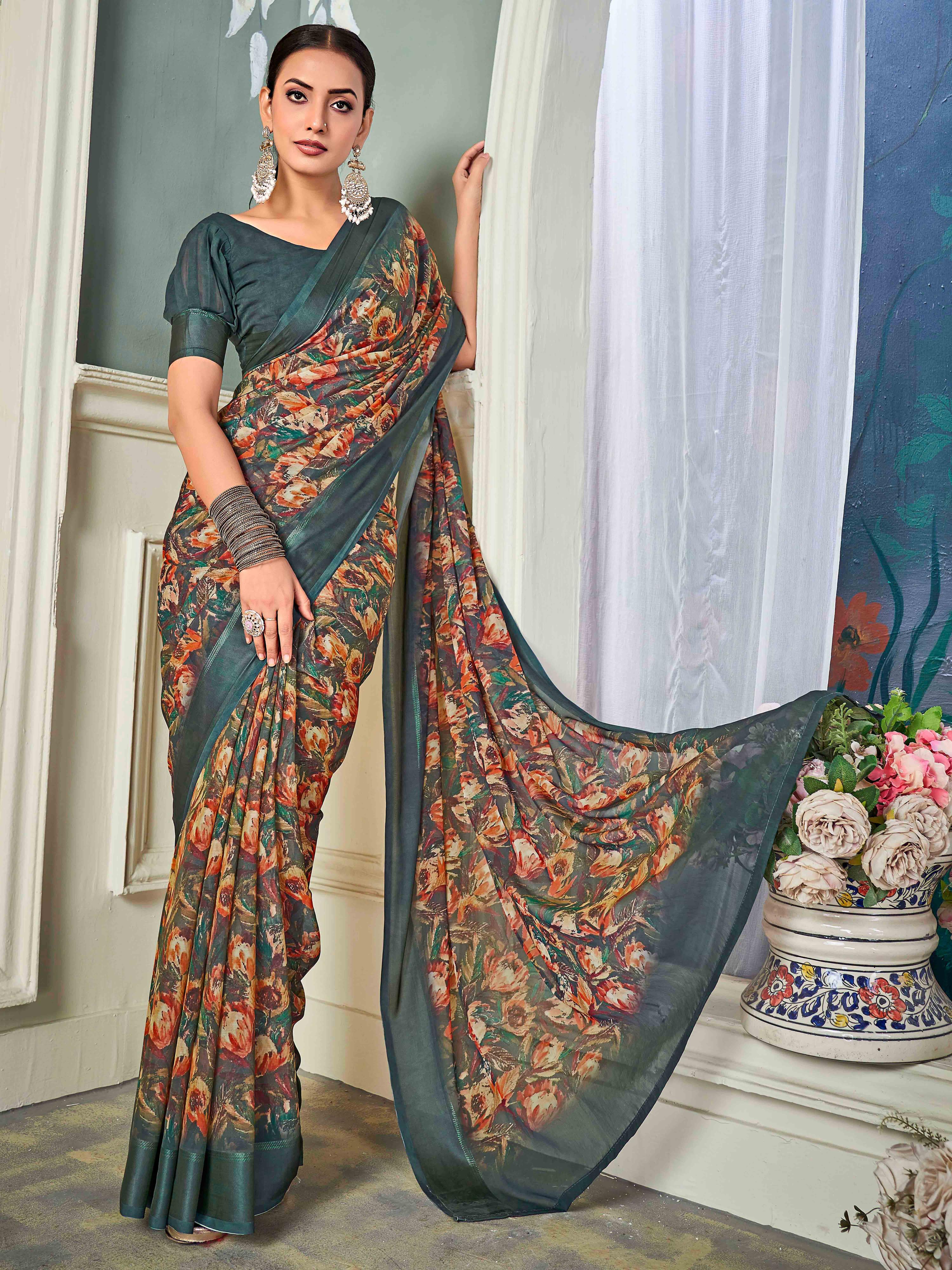 Multi Nylon Chiffon Golden Saree