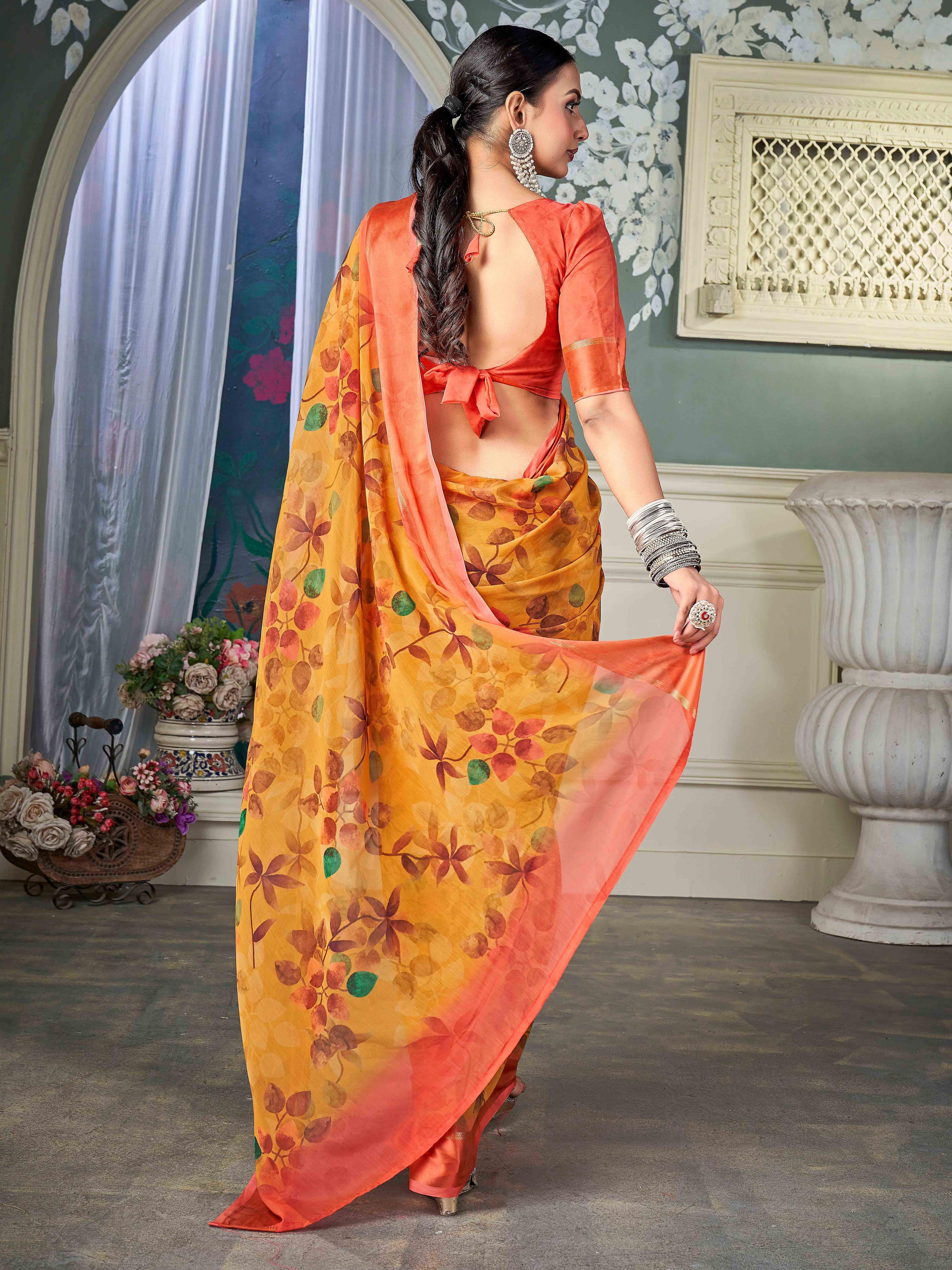Yellow Nylon Chiffon Golden Saree