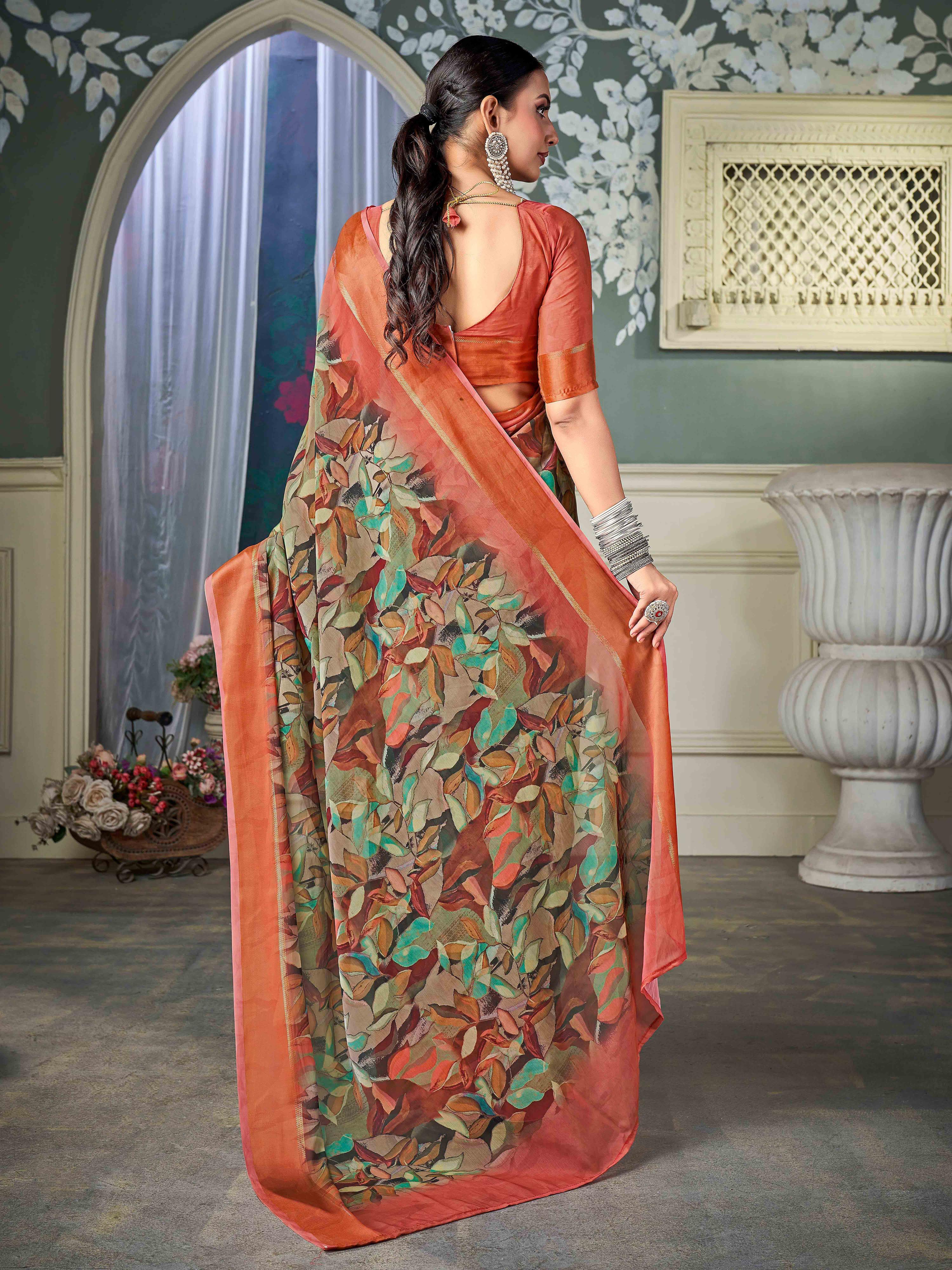 Multi Nylon Chiffon Golden Saree