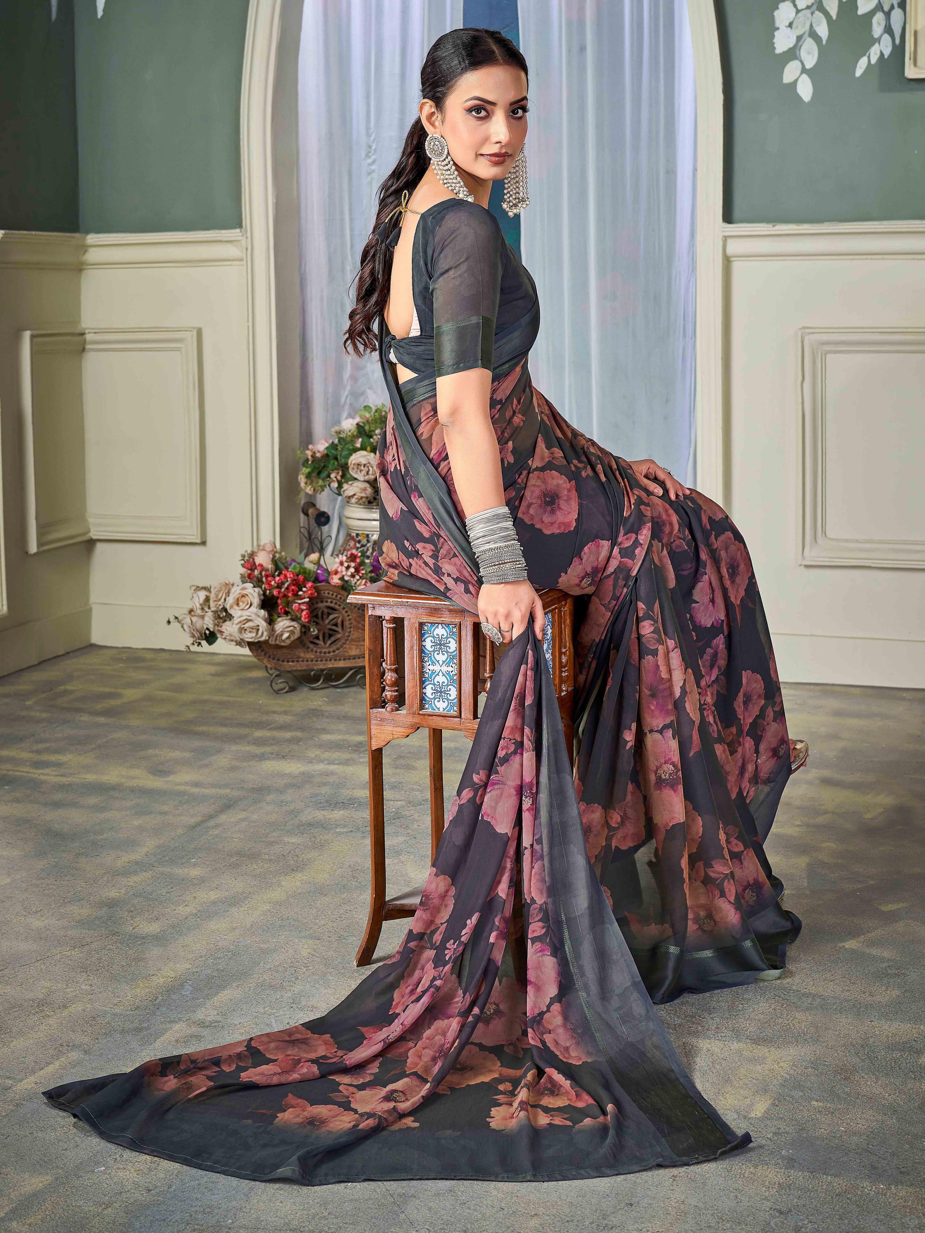 Grey Nylon Chiffon Golden Saree