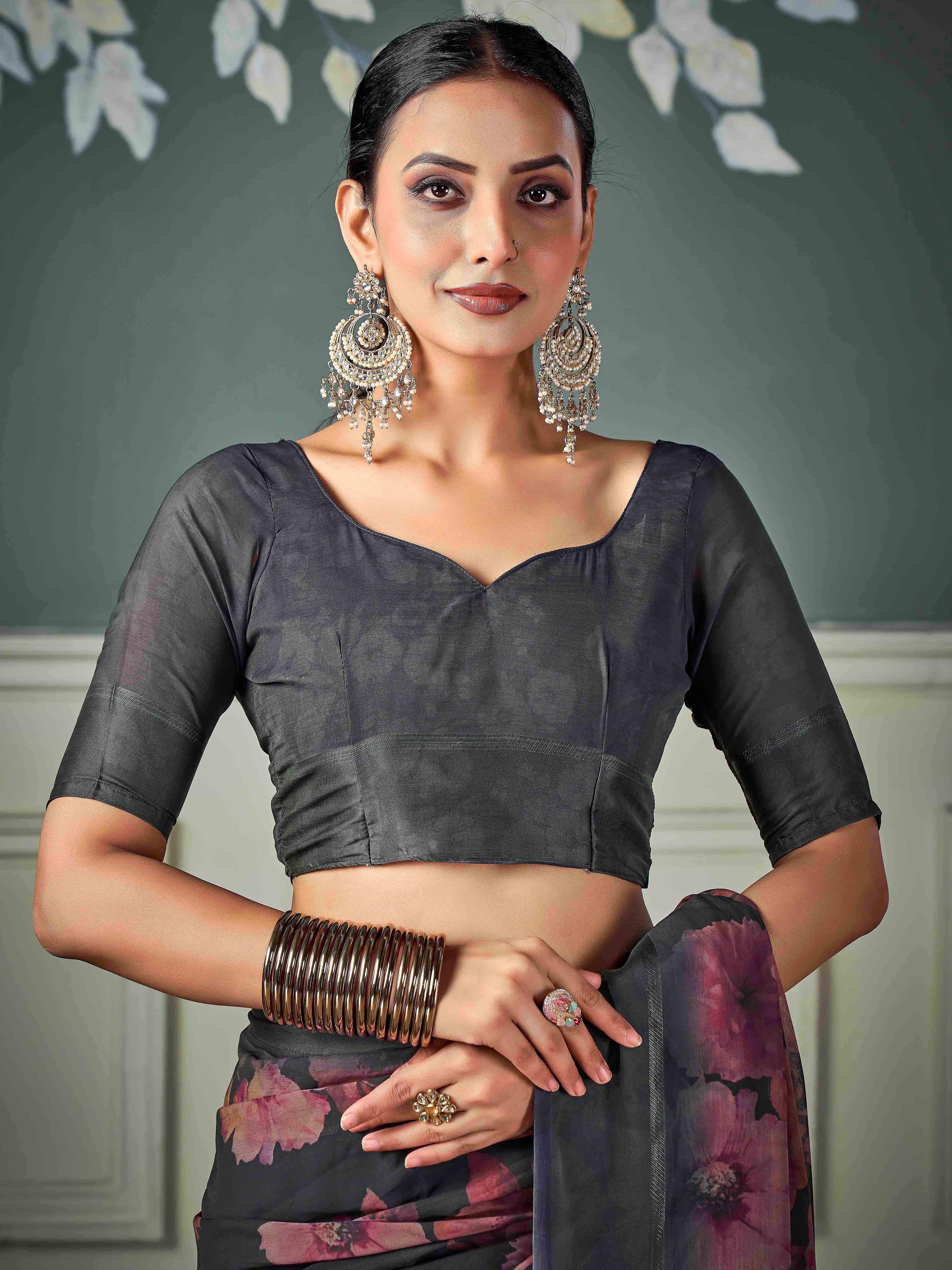 Grey Nylon Chiffon Golden Saree