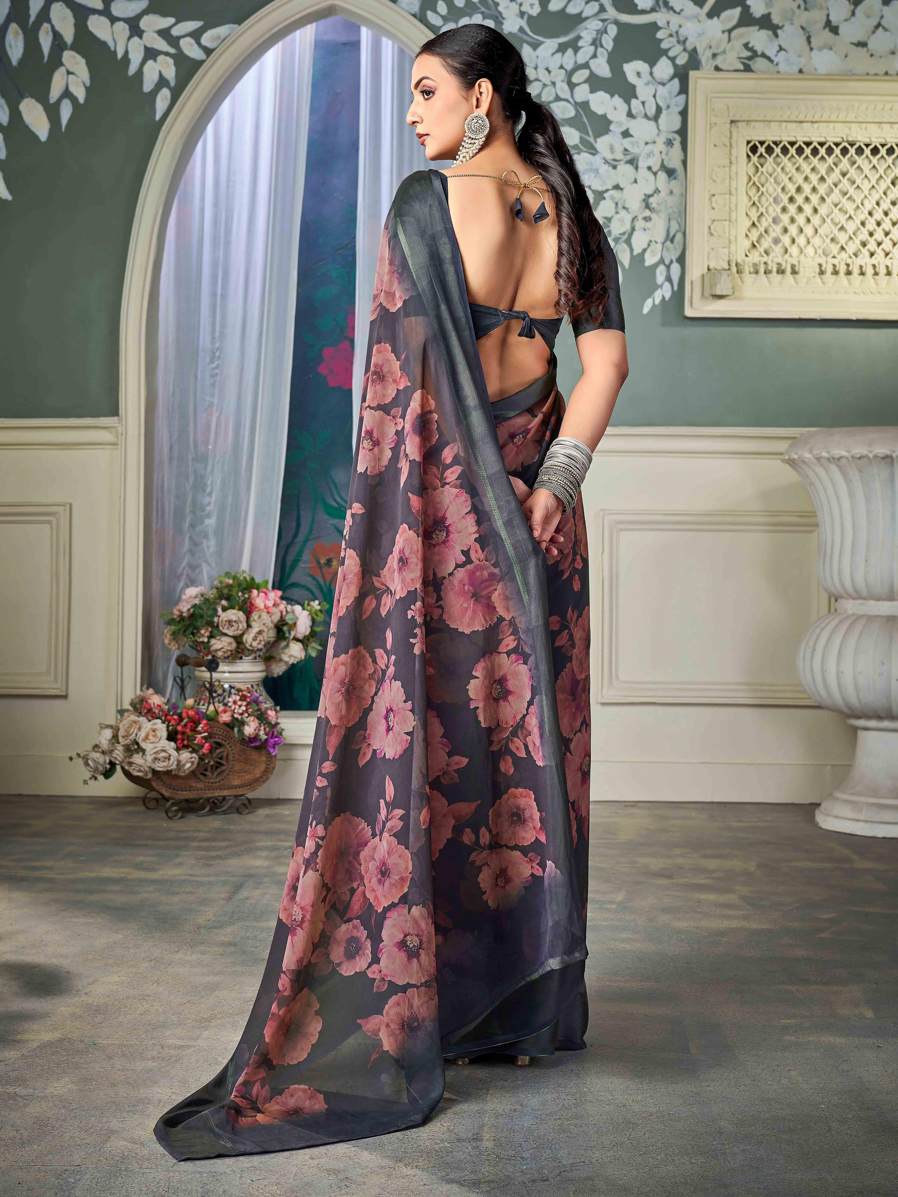 Grey Nylon Chiffon Golden Saree
