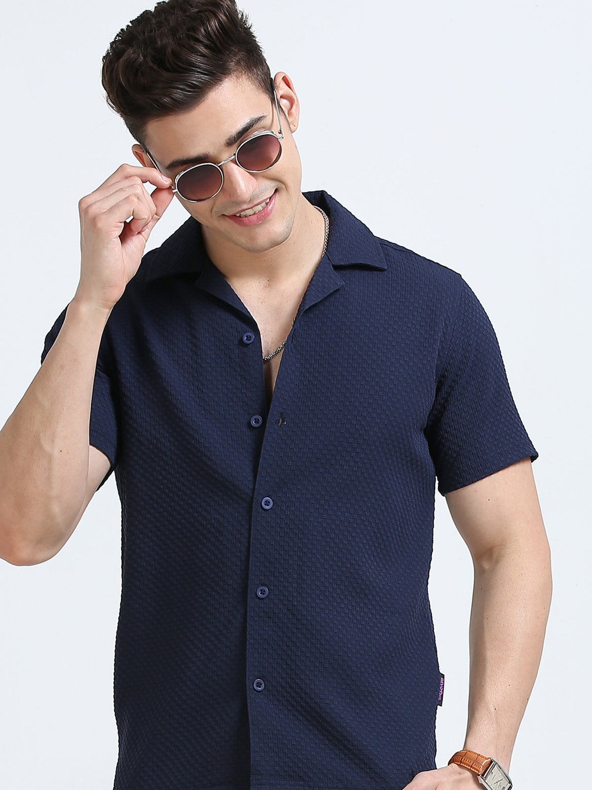 Navy Popcorn Half Sleeves Regular Shirt