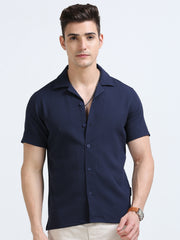 Navy Popcorn Half Sleeves Regular Shirt