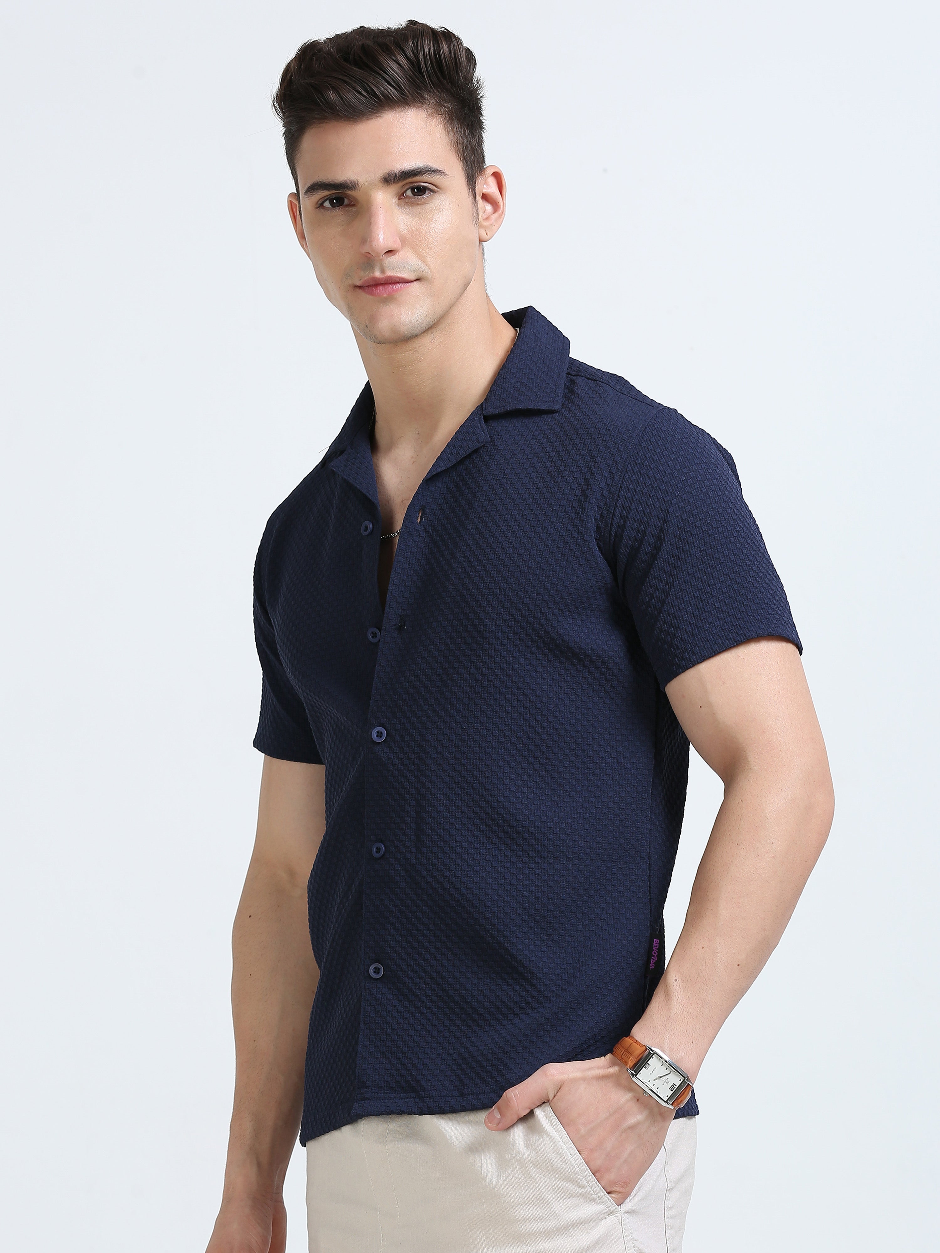 Navy Popcorn Half Sleeves Regular Shirt