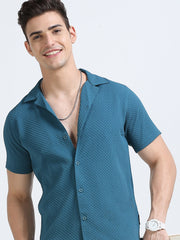 Pea-Blue Popcorn Half Sleeves Regular Shirt