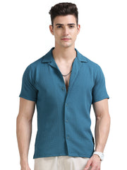 Pea-Blue Popcorn Half Sleeves Regular Shirt