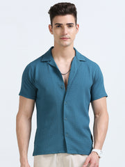 Pea-Blue Popcorn Half Sleeves Regular Shirt