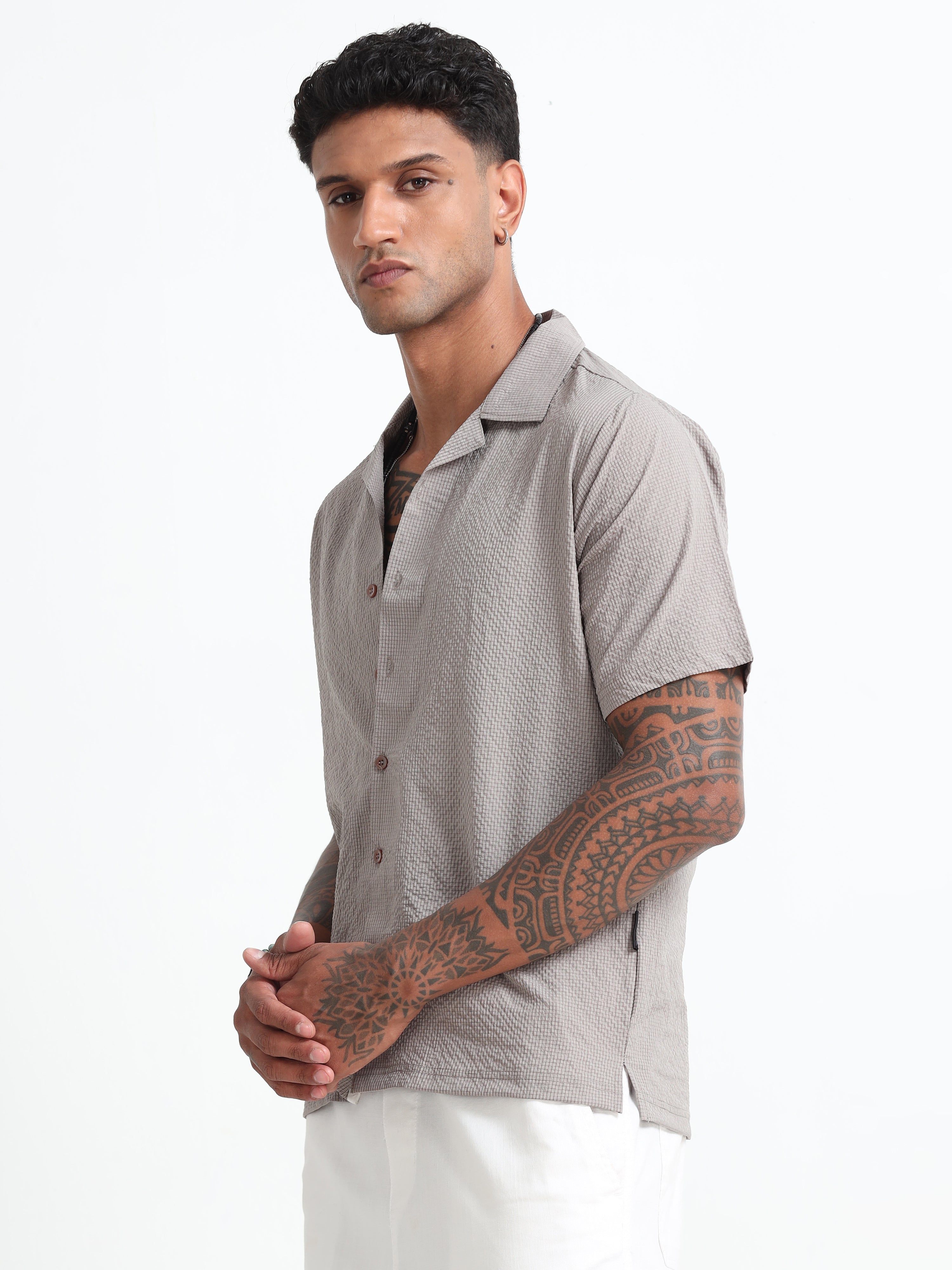 Beige Cotton Blend  Half Sleeves Regular Shirt