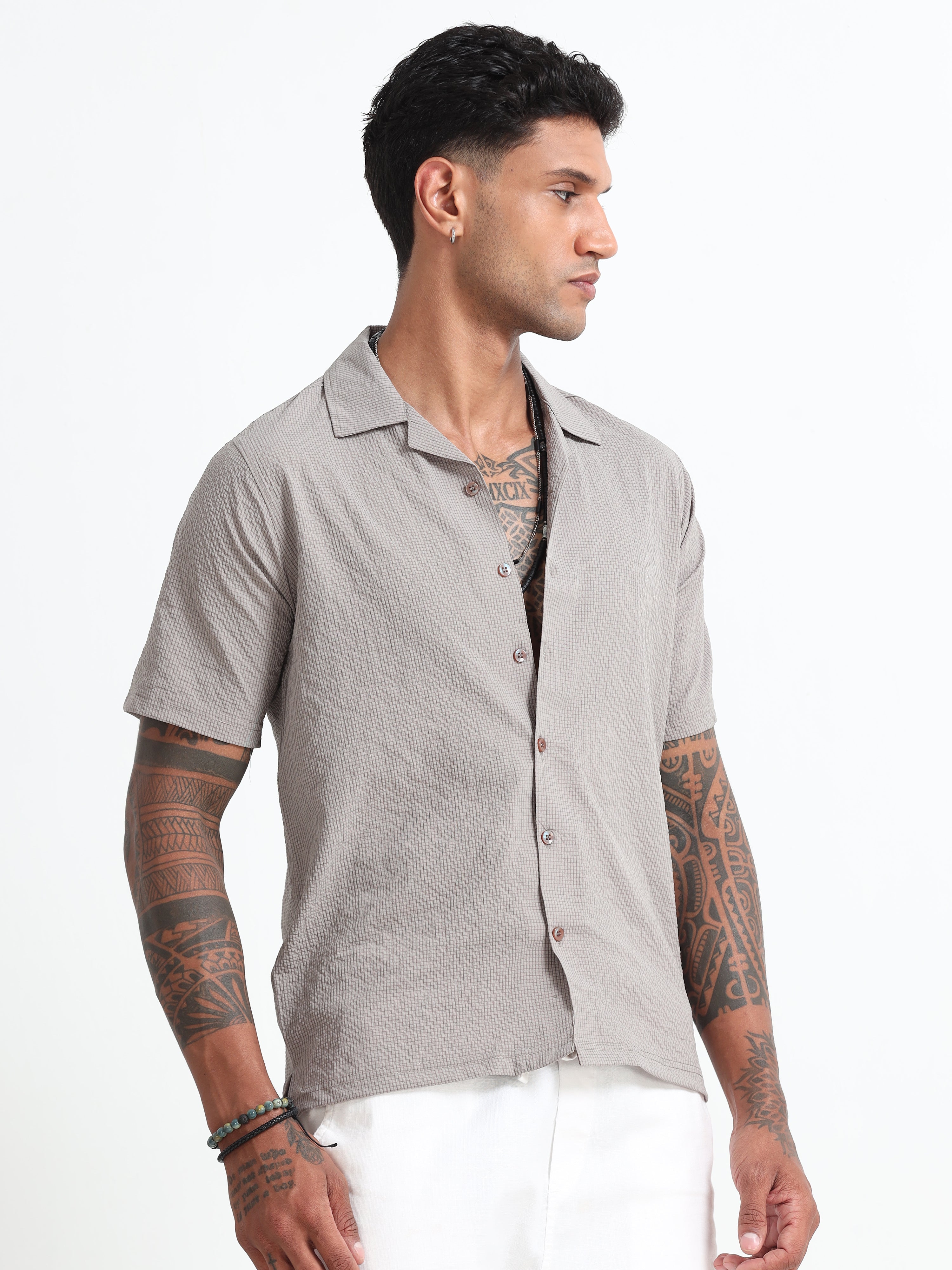 Beige Cotton Blend  Half Sleeves Regular Shirt