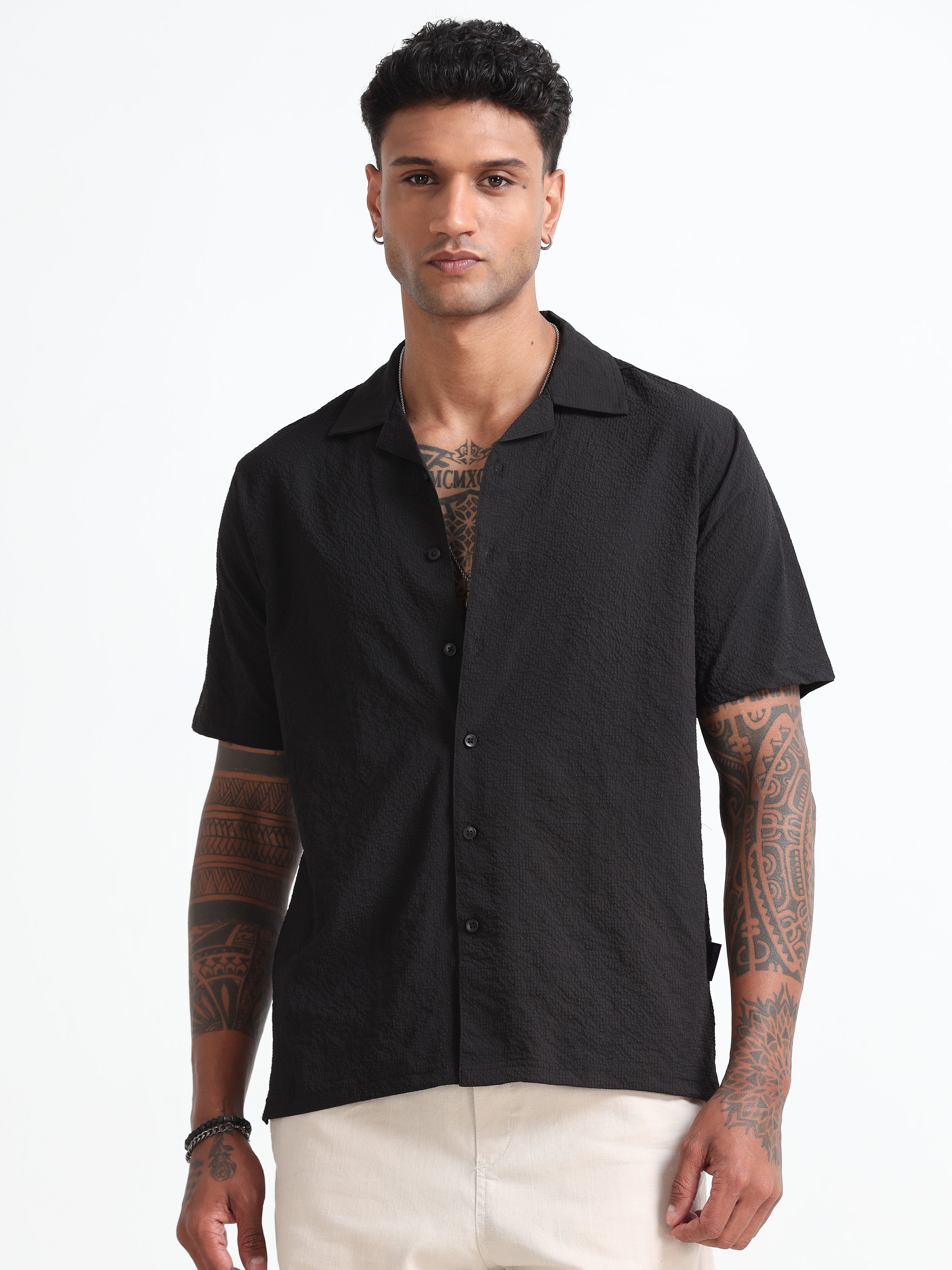 Black Cotton Blend  Half Sleeves Regular Shirt