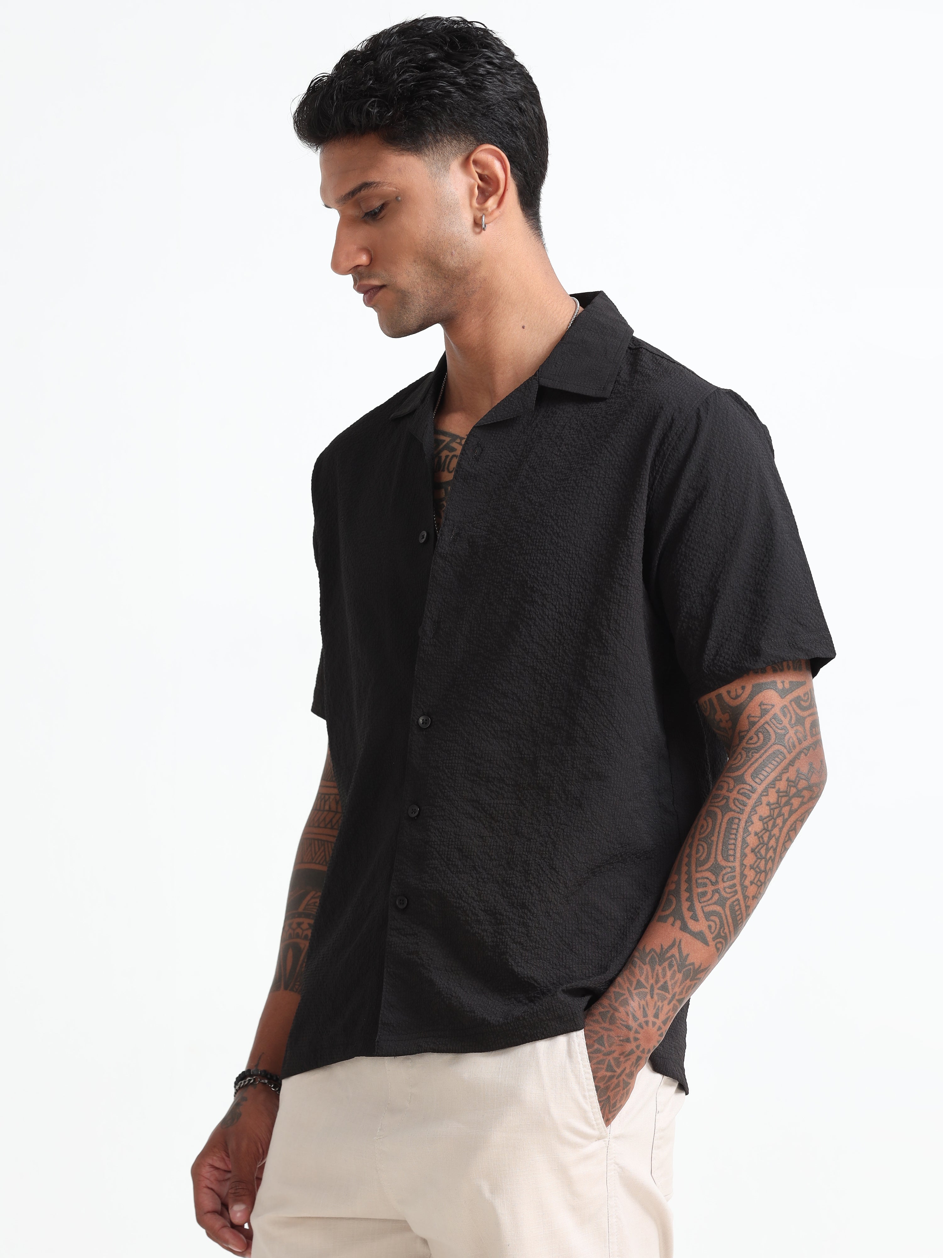 Black Cotton Blend  Half Sleeves Regular Shirt