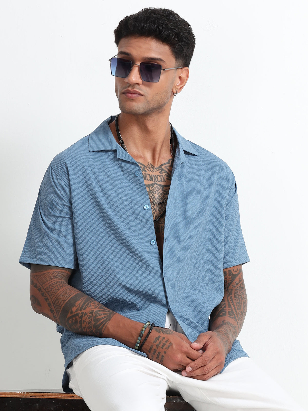 Blue Cotton Blend  Half Sleeves Regular Shirt