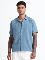 Blue Cotton Blend  Half Sleeves Regular Shirt