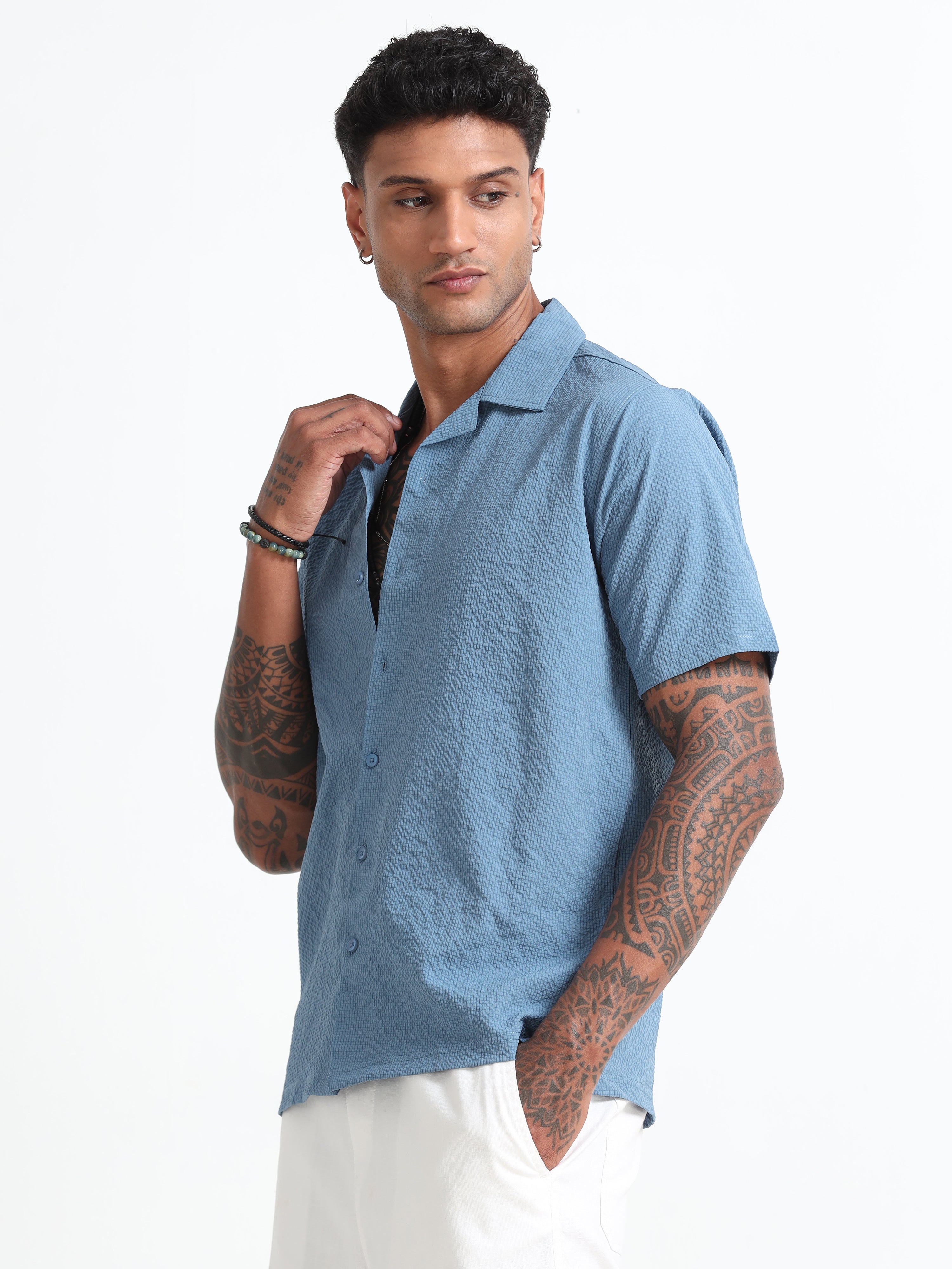 Blue Cotton Blend  Half Sleeves Regular Shirt