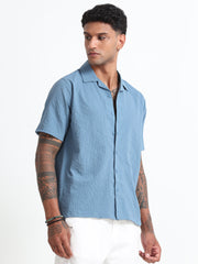 Blue Cotton Blend  Half Sleeves Regular Shirt