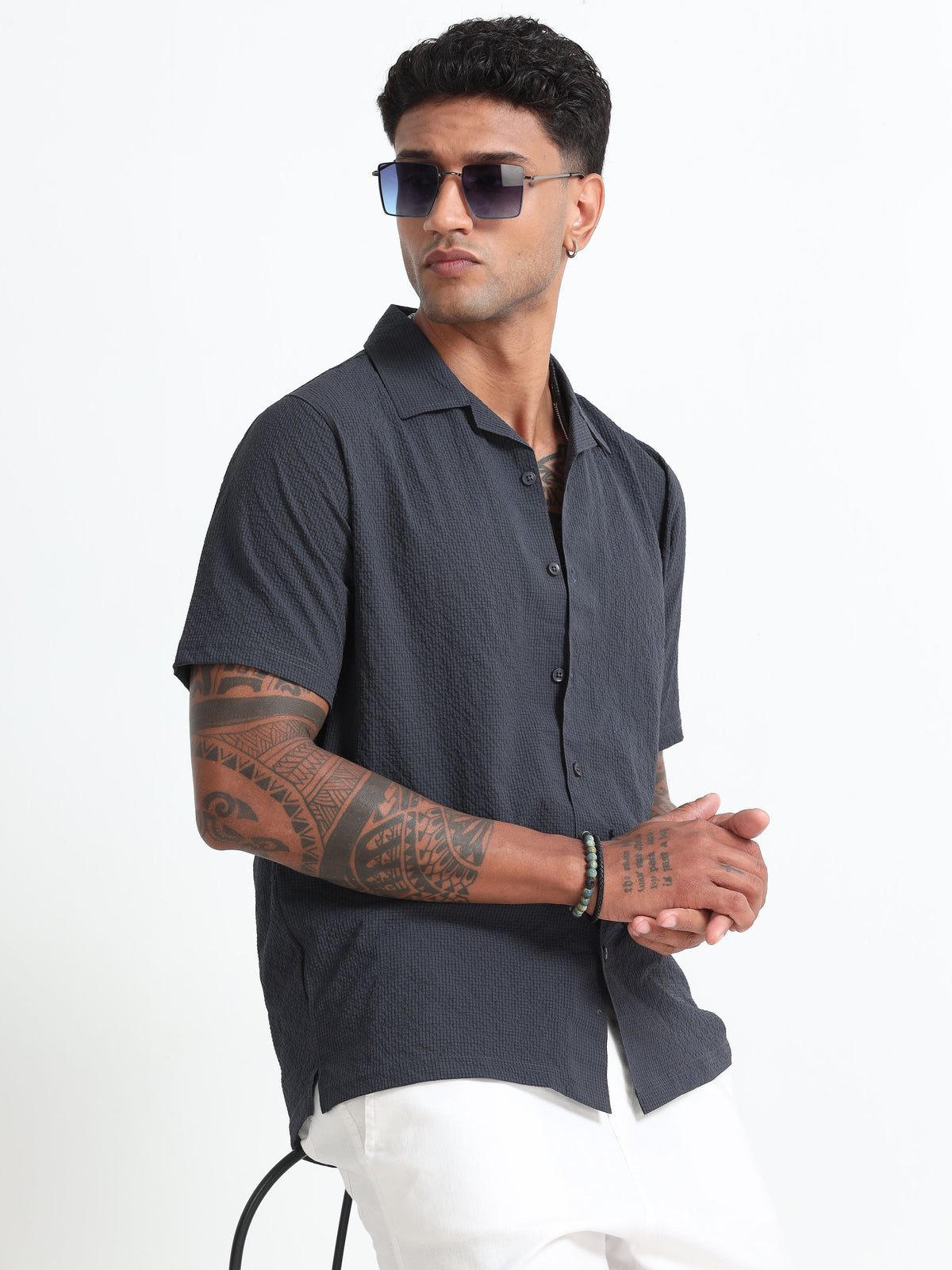 Dark-Grey Cotton Blend  Half Sleeves Regular Shirt