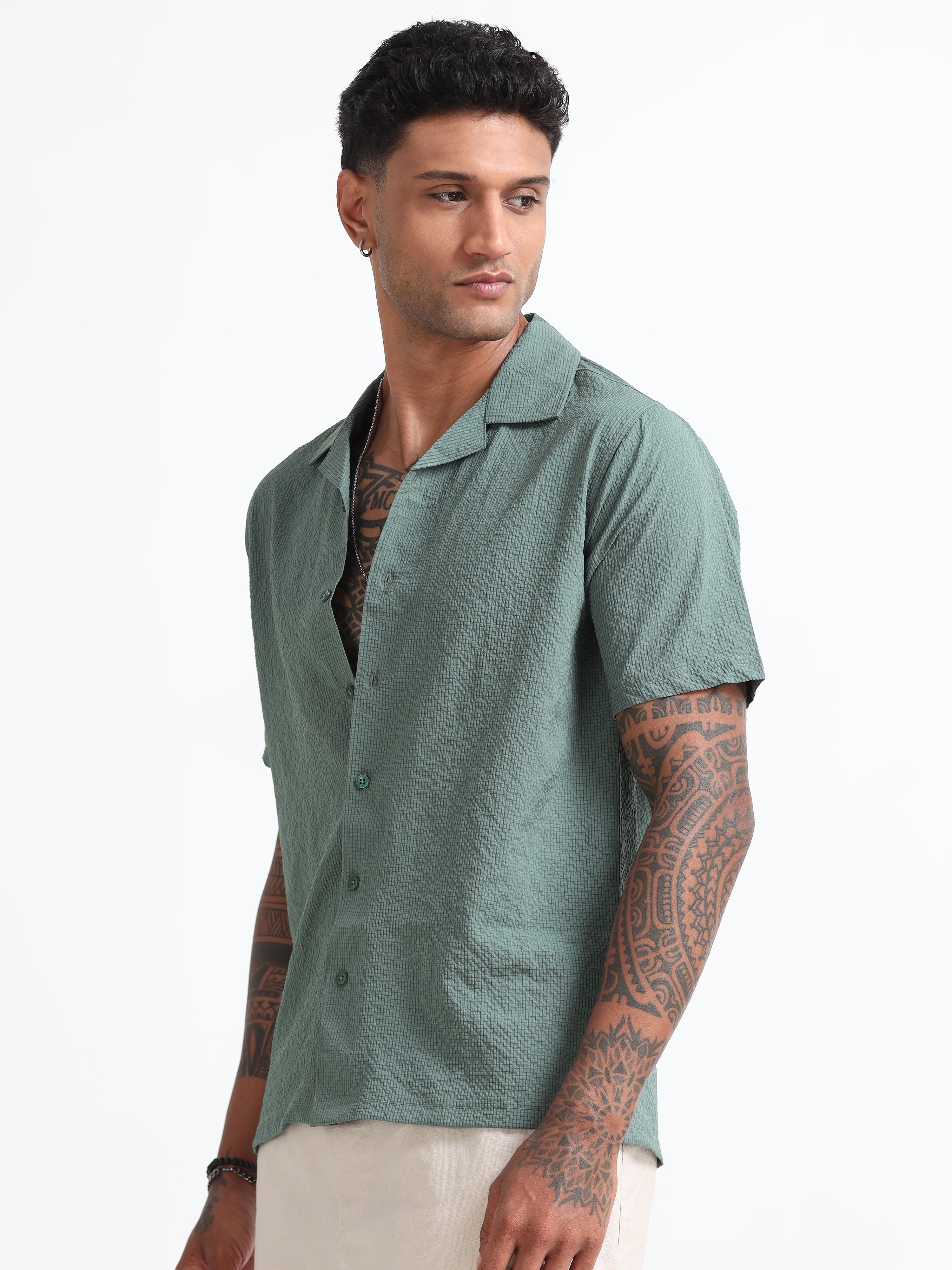 Green Cotton Blend  Half Sleeves Regular Shirt