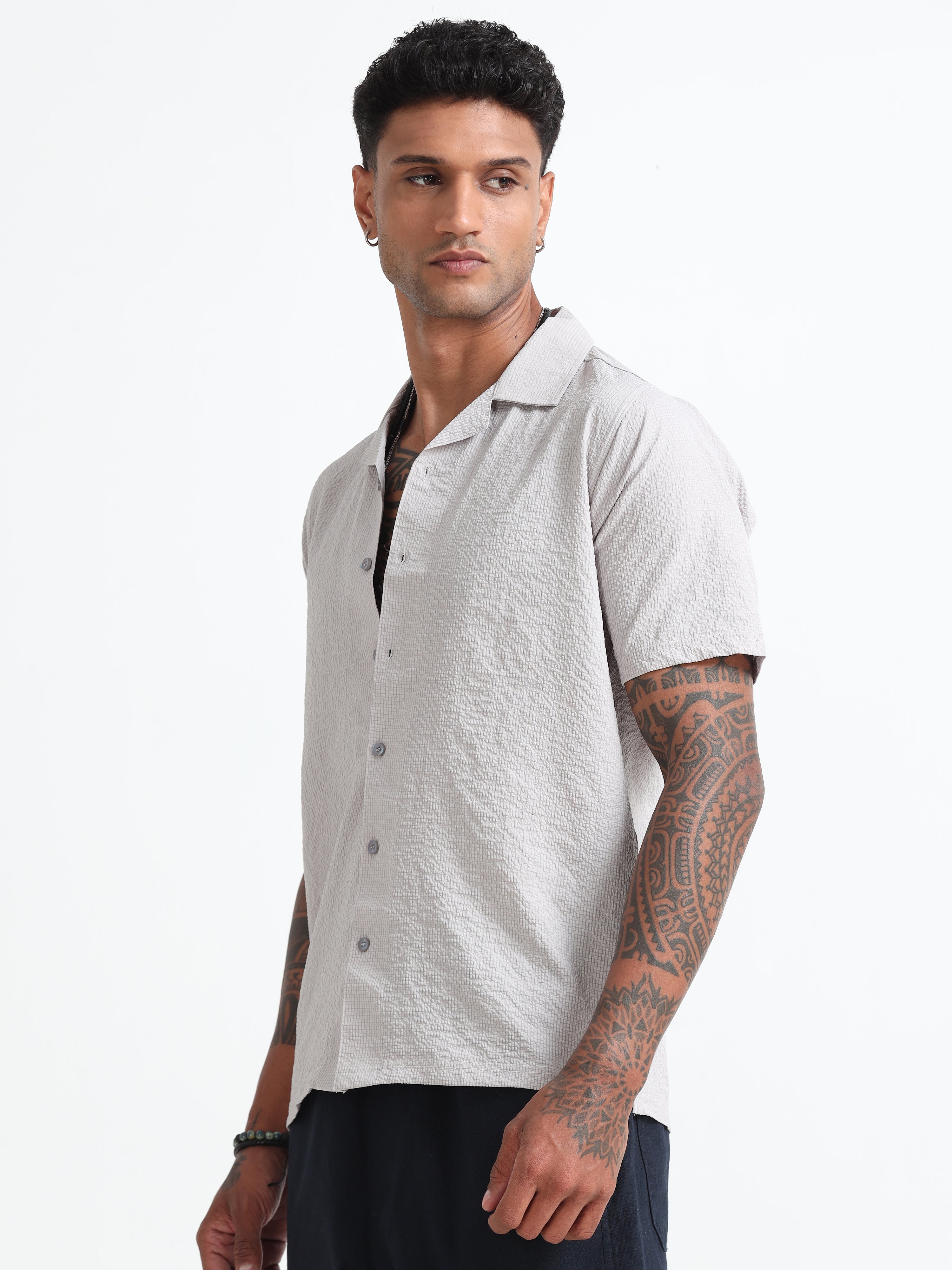 Grey Cotton Blend  Half Sleeves Regular Shirt