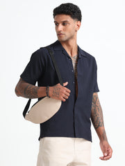 Navy-Blue Cotton Blend  Half Sleeves Regular Shirt