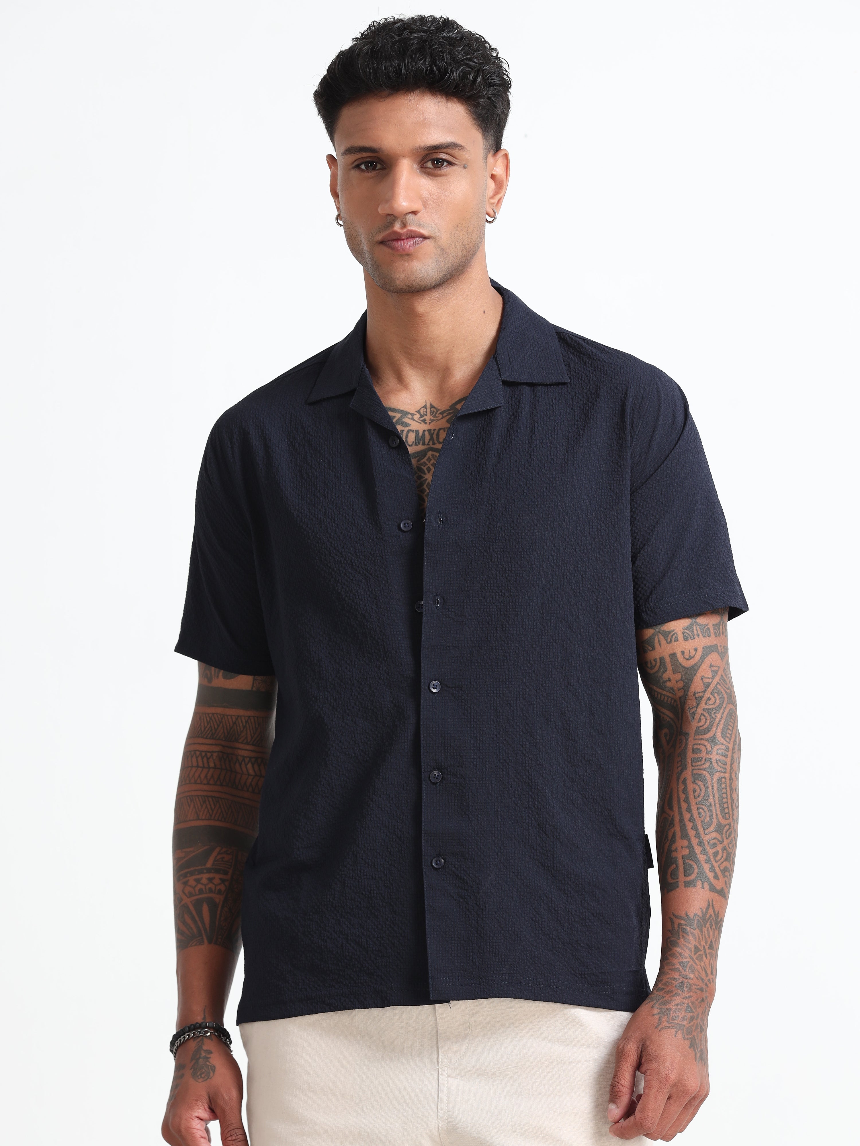 Navy-Blue Cotton Blend  Half Sleeves Regular Shirt